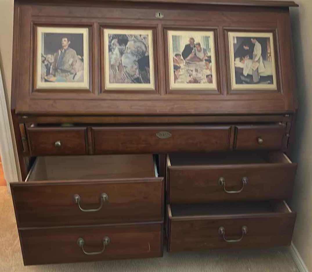 Photo 1 of SOLID CHERRY SECRETARY DESK W NORMAN ROCKWELL " FOUR FREEDOM " PRINTS FROM STANLEY FURNITURE 49" X 31" H 46"