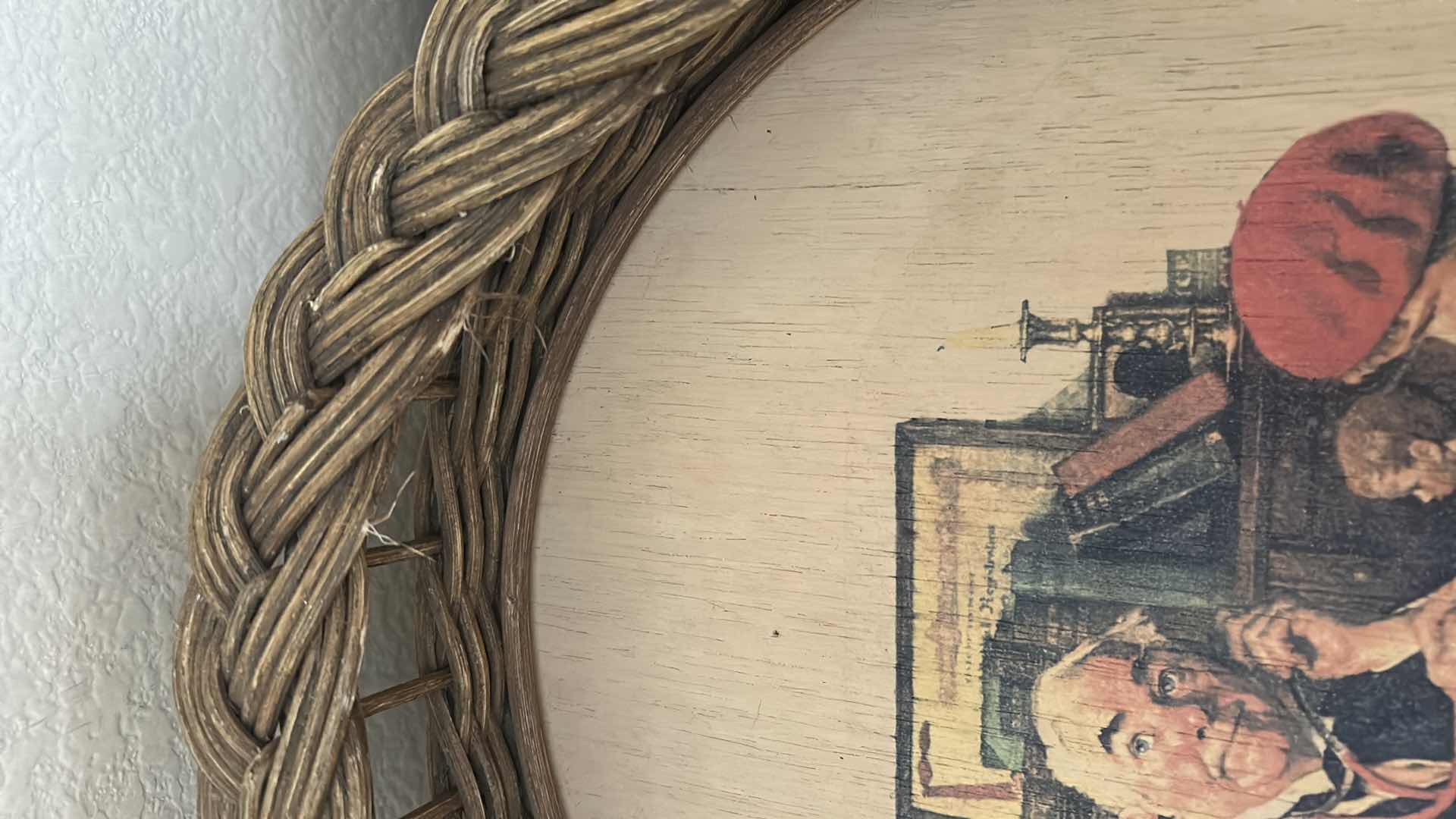 Photo 1 of OVAL BRAIDED WICKER FRAME NORMAN ROCKWELL PRINT "THE DOCTOR AND THE DOLL" 15" X 20"