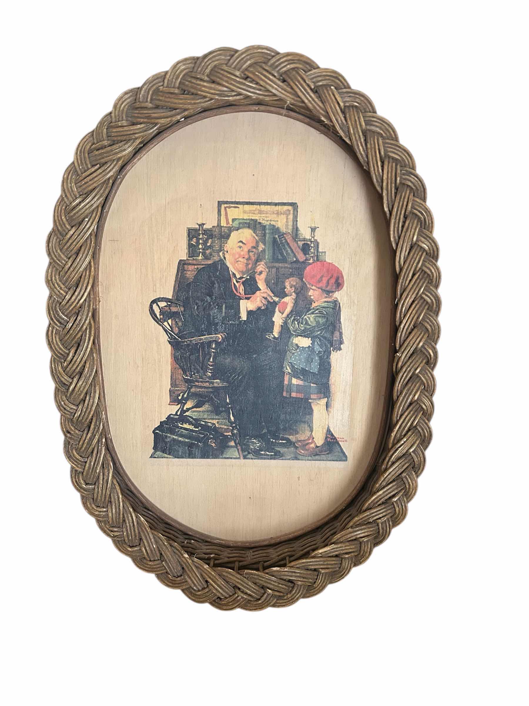 Photo 1 of OVAL BRAIDED WICKER FRAME NORMAN ROCKWELL PRINT "THE DOCTOR AND THE DOLL" 15" X 20"