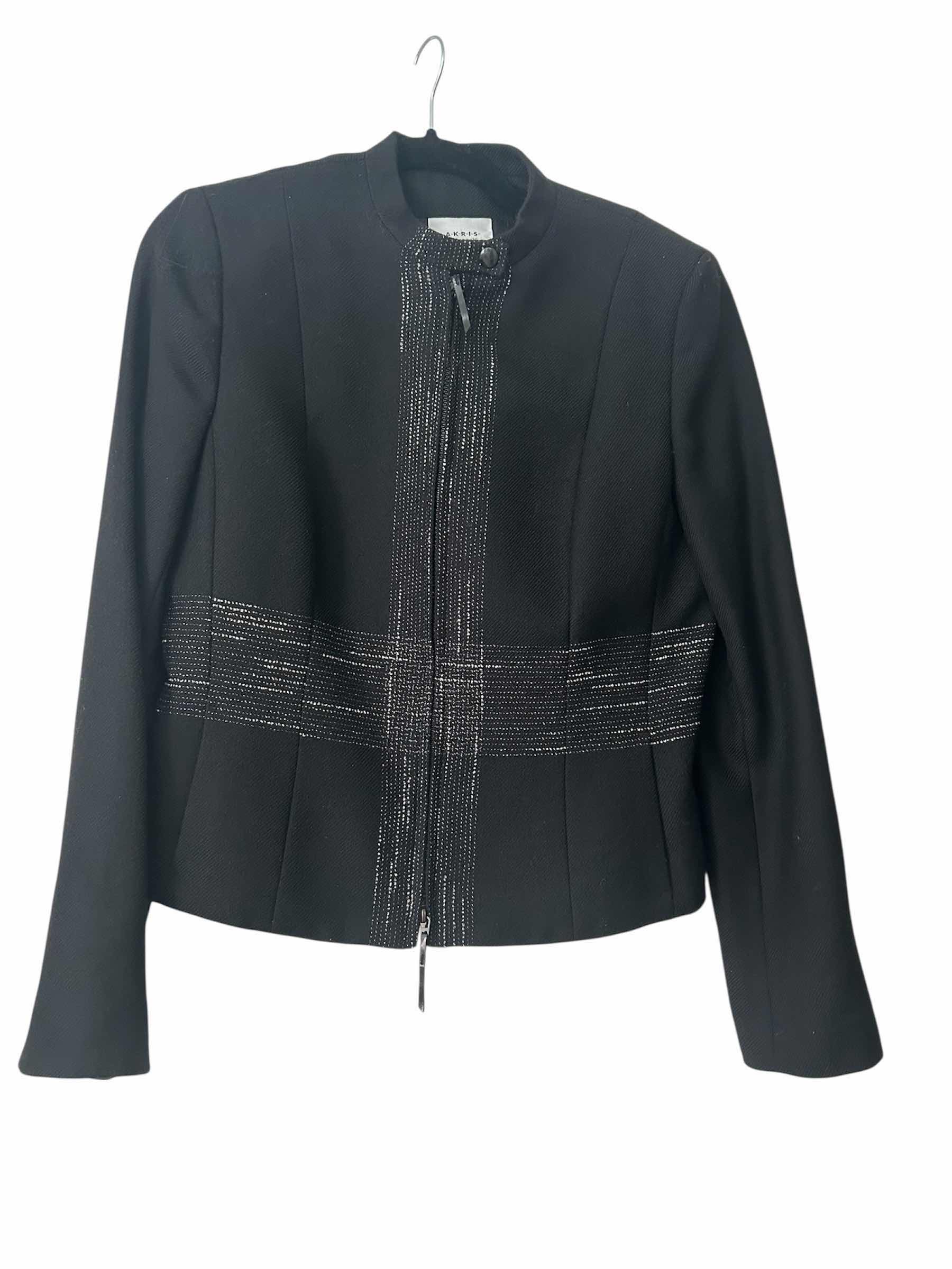 View 1 of AKRIS PUNTO TEXTURED WOOL STAND COLLAR BLAZER W BEADED EMBELLISHMENT SZ 8