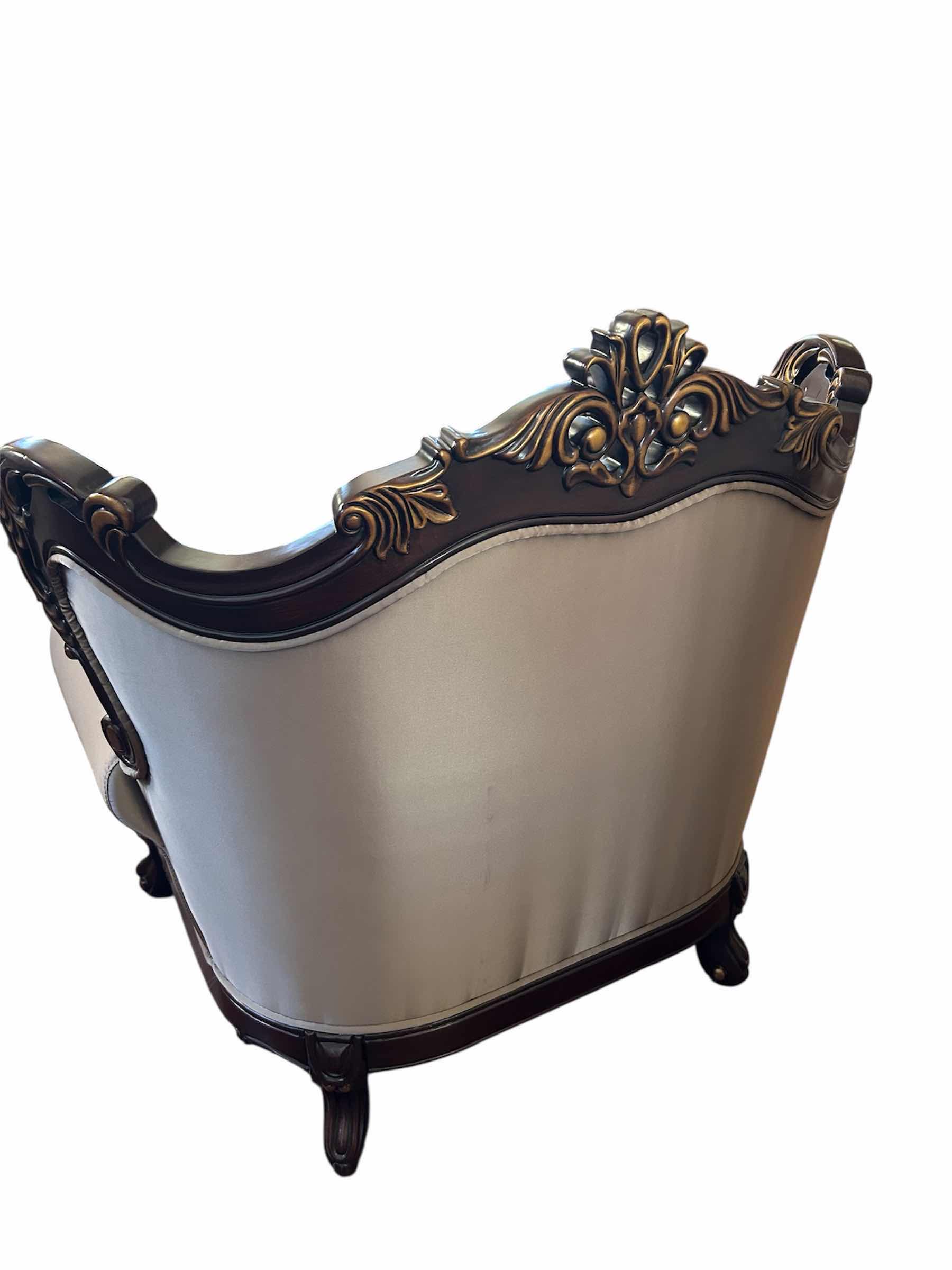 Photo 1 of CLASSIC CONSTANTINE ARM CHAIR ORNATE CARVED WOOD FRAME DARK WALNUT FINISH PAISLEY PATTERNED FABRIC W DECORATIVE PILLOW RETAIL $1700