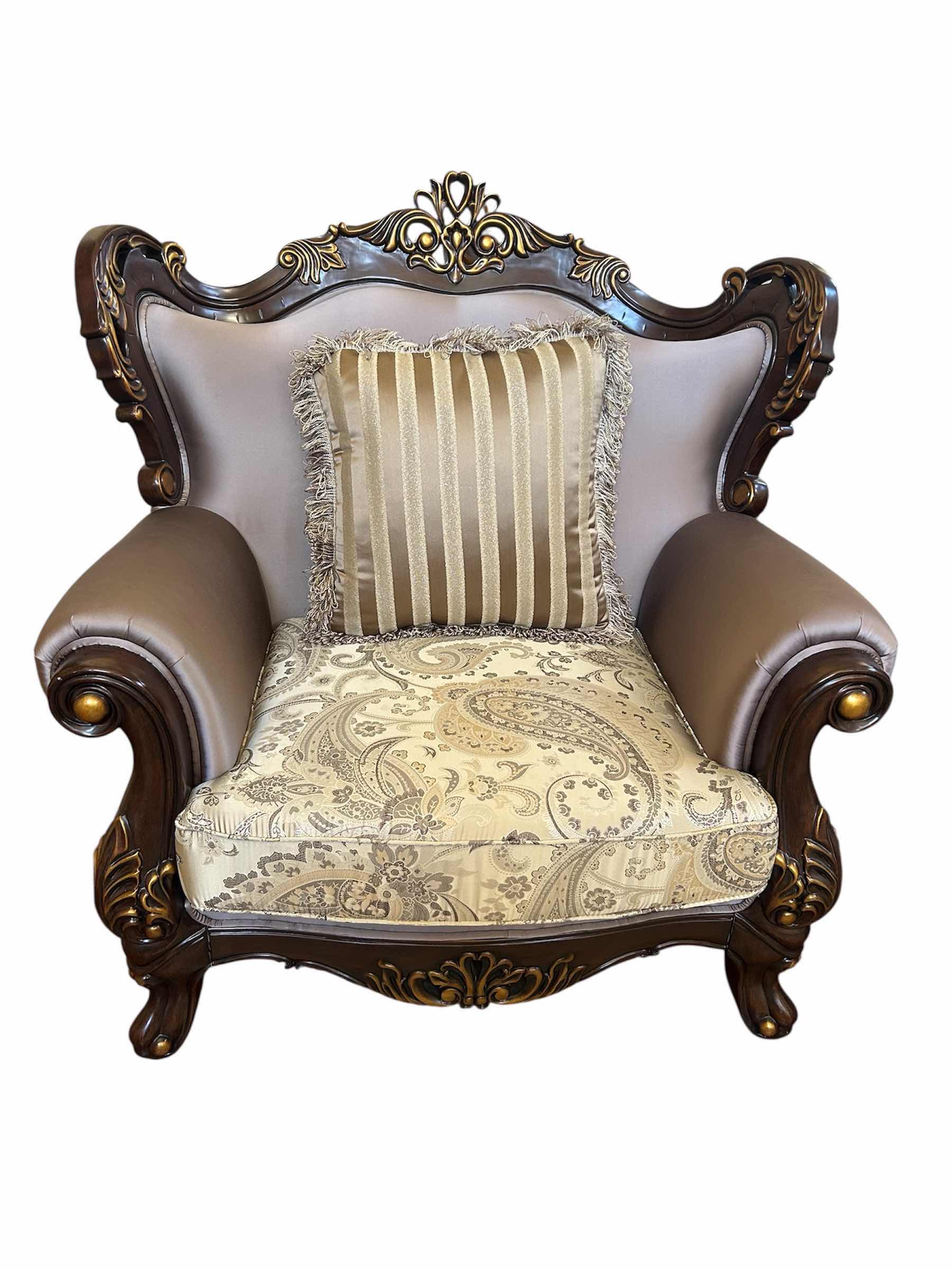 Photo 1 of CLASSIC CONSTANTINE ARM CHAIR ORNATE CARVED WOOD FRAME DARK WALNUT FINISH PAISLEY PATTERNED FABRIC W DECORATIVE PILLOW RETAIL $1700