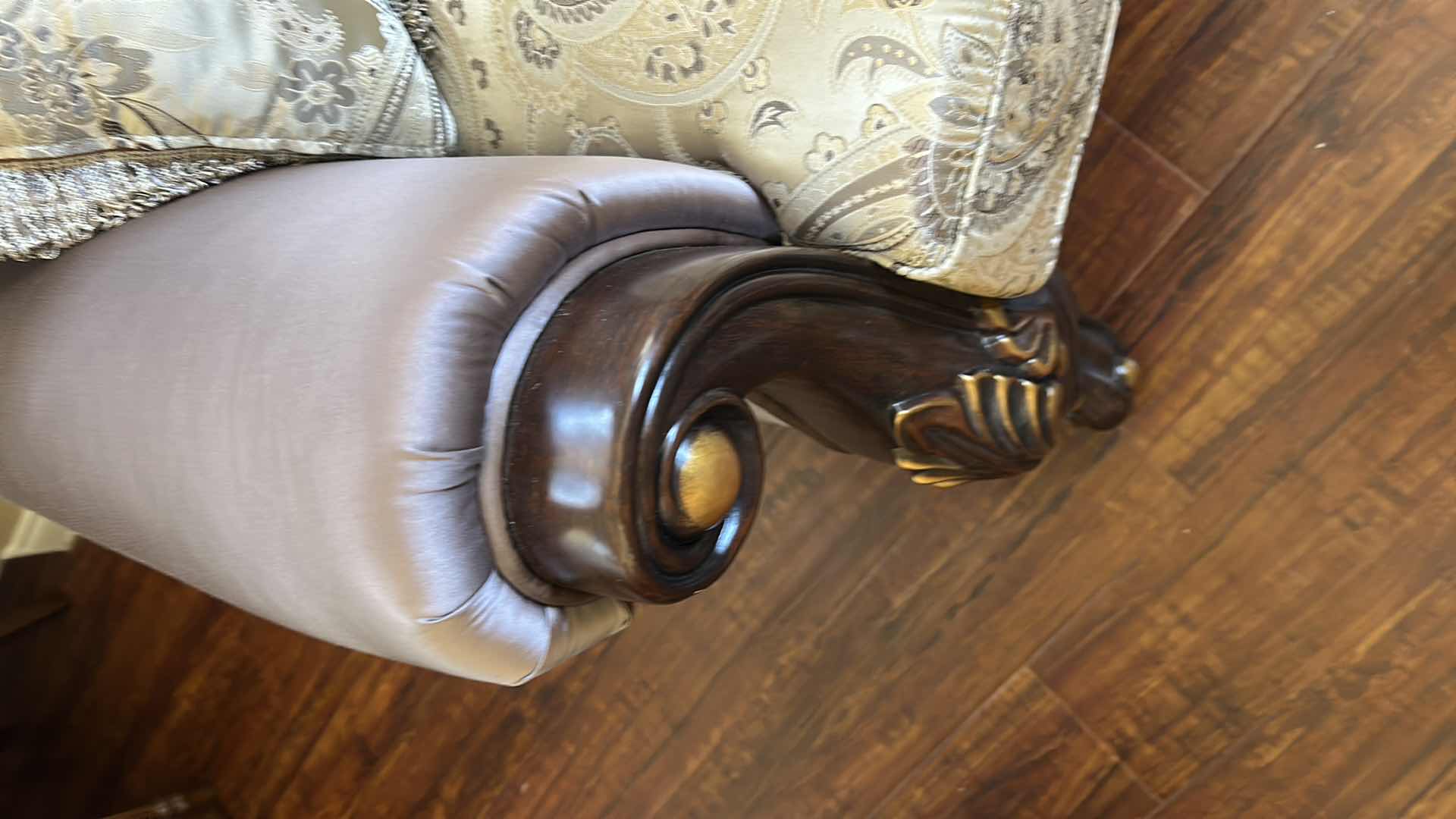 Photo 1 of CLASSIC CONSTANTINE SOFA LOVESEAT ORNATE CARVED WOOD FRAME DARK WALNUT FINISH PAISLEY PATTERNED FABRIC W 3 DECORATIVE PILLOWS