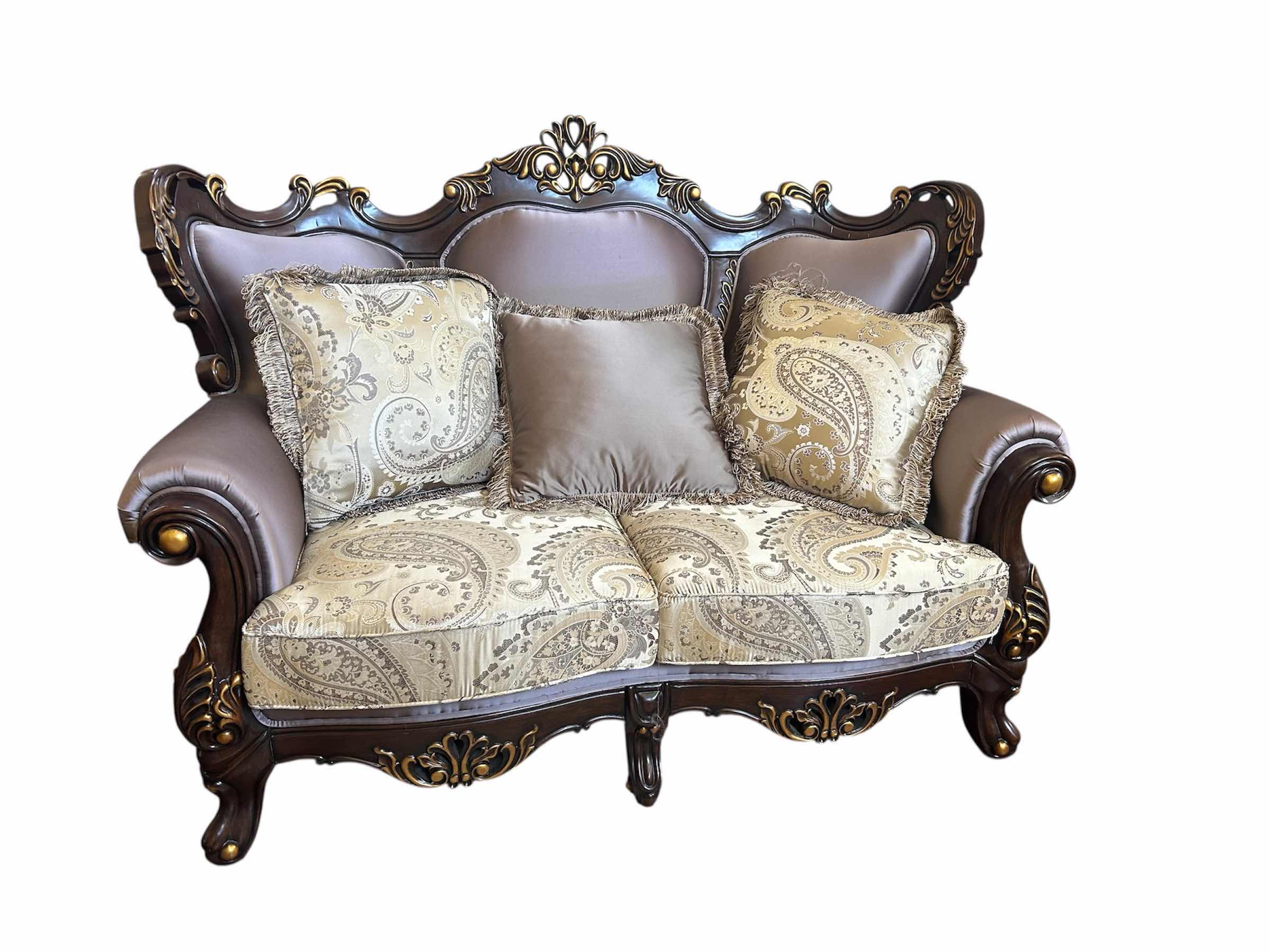 Photo 1 of CLASSIC CONSTANTINE SOFA LOVESEAT ORNATE CARVED WOOD FRAME DARK WALNUT FINISH PAISLEY PATTERNED FABRIC W 3 DECORATIVE PILLOWS