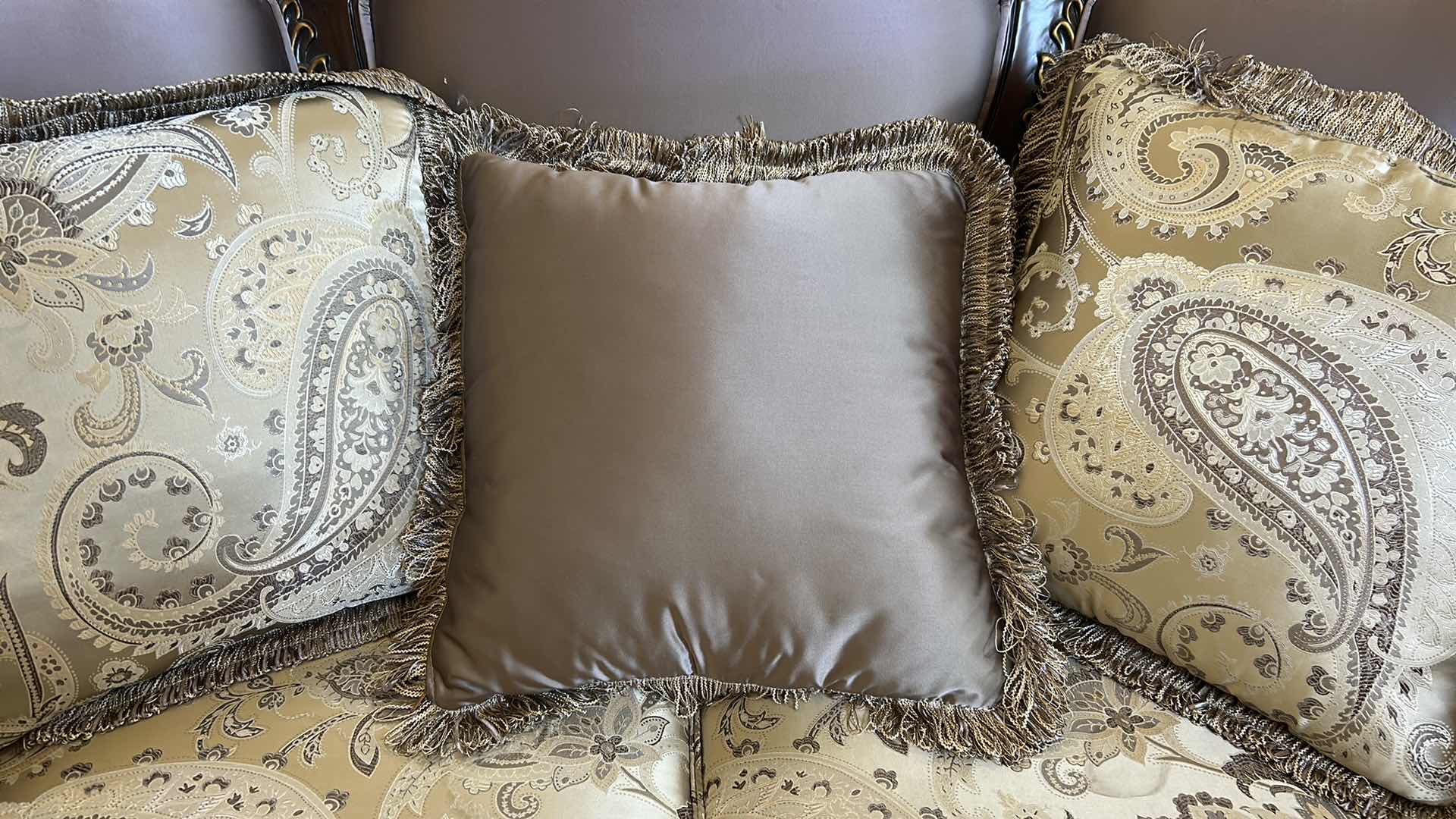 Photo 1 of CLASSIC CONSTANTINE SOFA LOVESEAT ORNATE CARVED WOOD FRAME DARK WALNUT FINISH PAISLEY PATTERNED FABRIC W 3 DECORATIVE PILLOWS