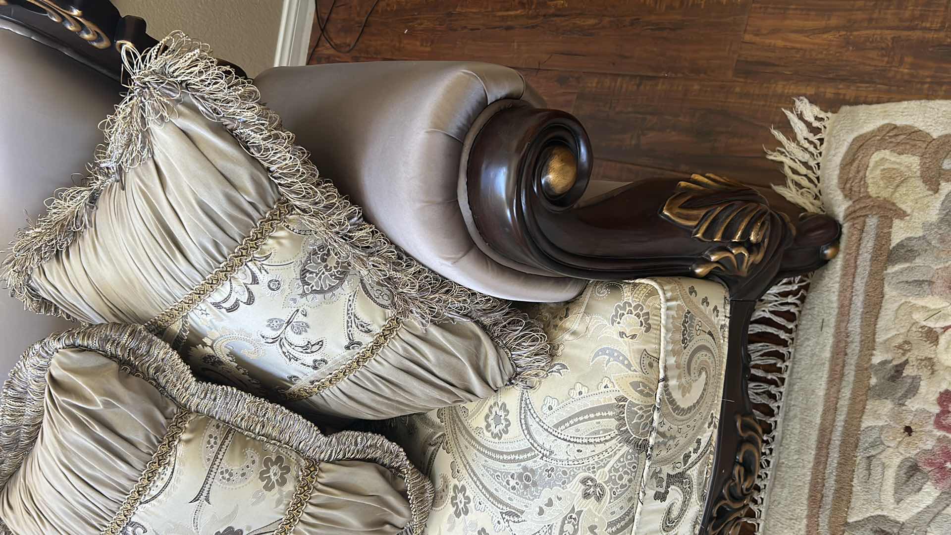 Photo 1 of CLASSIC CONSTANTINE SOFA ORNATE CARVED WOOD FRAME DARK WALNUT FINISH PAISLEY PATTERNED FABRIC W 5 DECORATIVE PILLOWS
