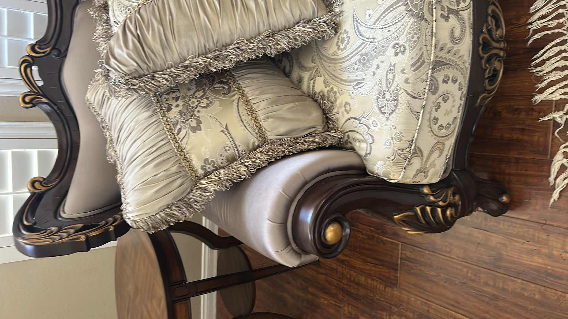 Photo 1 of CLASSIC CONSTANTINE SOFA ORNATE CARVED WOOD FRAME DARK WALNUT FINISH PAISLEY PATTERNED FABRIC W 5 DECORATIVE PILLOWS