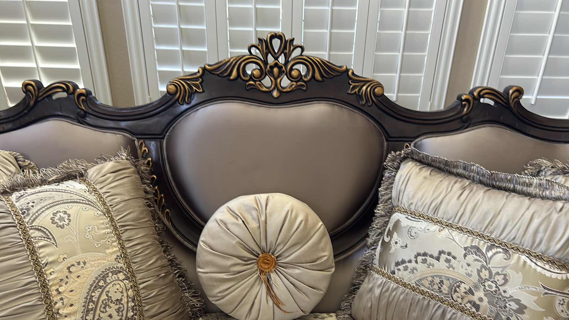 Photo 1 of CLASSIC CONSTANTINE SOFA ORNATE CARVED WOOD FRAME DARK WALNUT FINISH PAISLEY PATTERNED FABRIC W 5 DECORATIVE PILLOWS