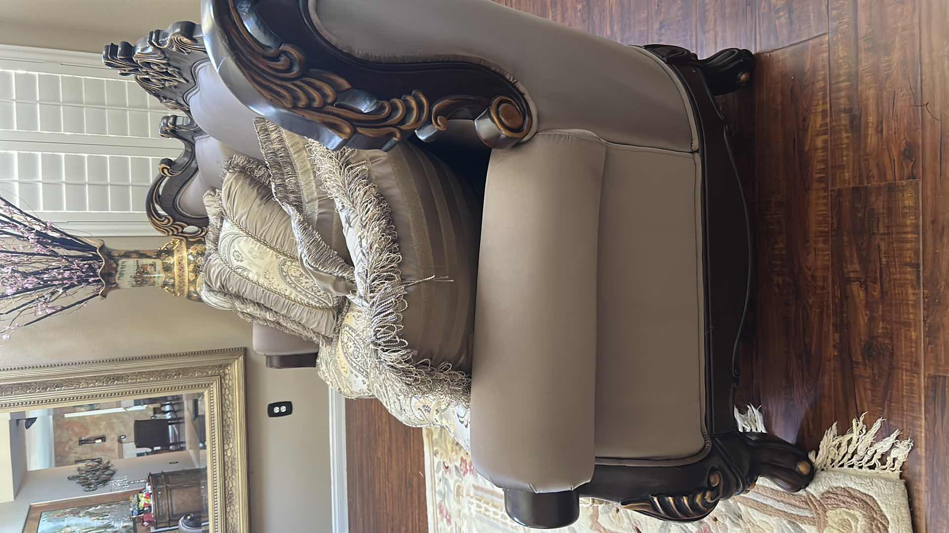 Photo 1 of CLASSIC CONSTANTINE SOFA ORNATE CARVED WOOD FRAME DARK WALNUT FINISH PAISLEY PATTERNED FABRIC W 5 DECORATIVE PILLOWS