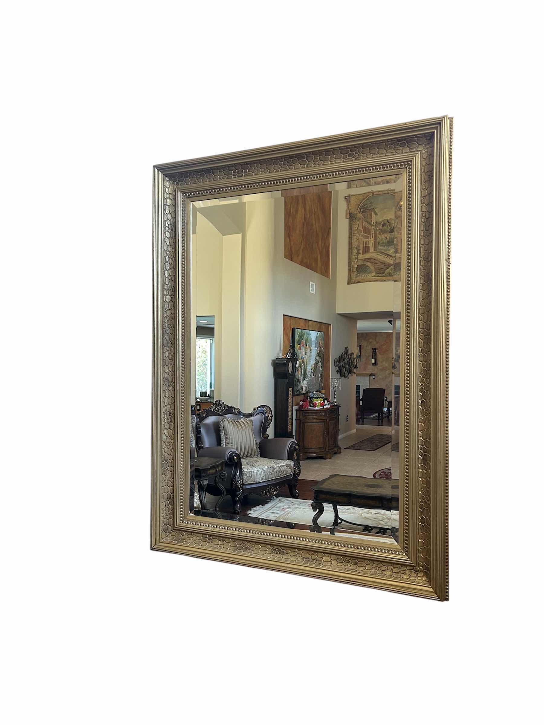 Photo 1 of DECORATIVE RECTANGULAR WALL MIRROR WOOD FRAME W ANTIQUE GOLD PATINA AND TEXTURED BEADE 64" X 87"