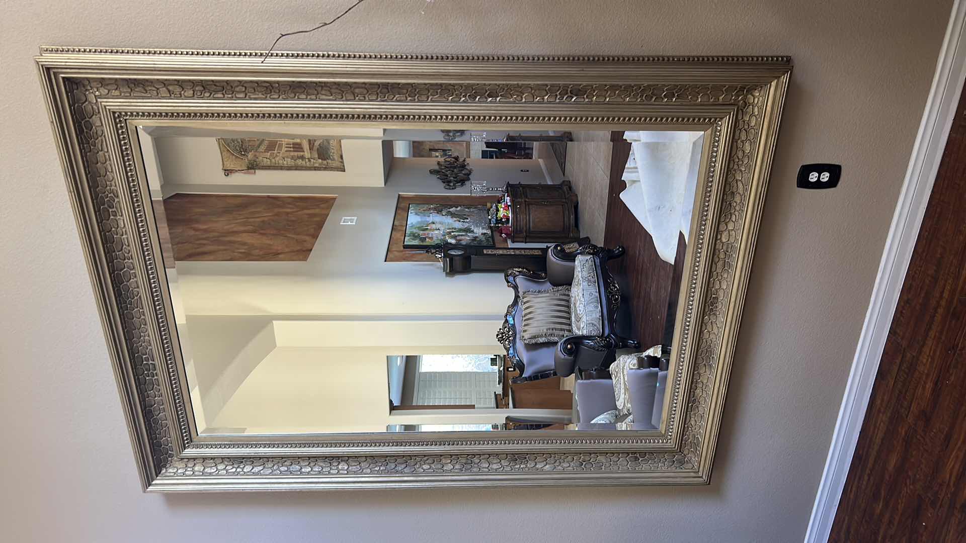 Photo 1 of DECORATIVE RECTANGULAR WALL MIRROR WOOD FRAME W ANTIQUE GOLD PATINA AND TEXTURED BEADE 64" X 87"