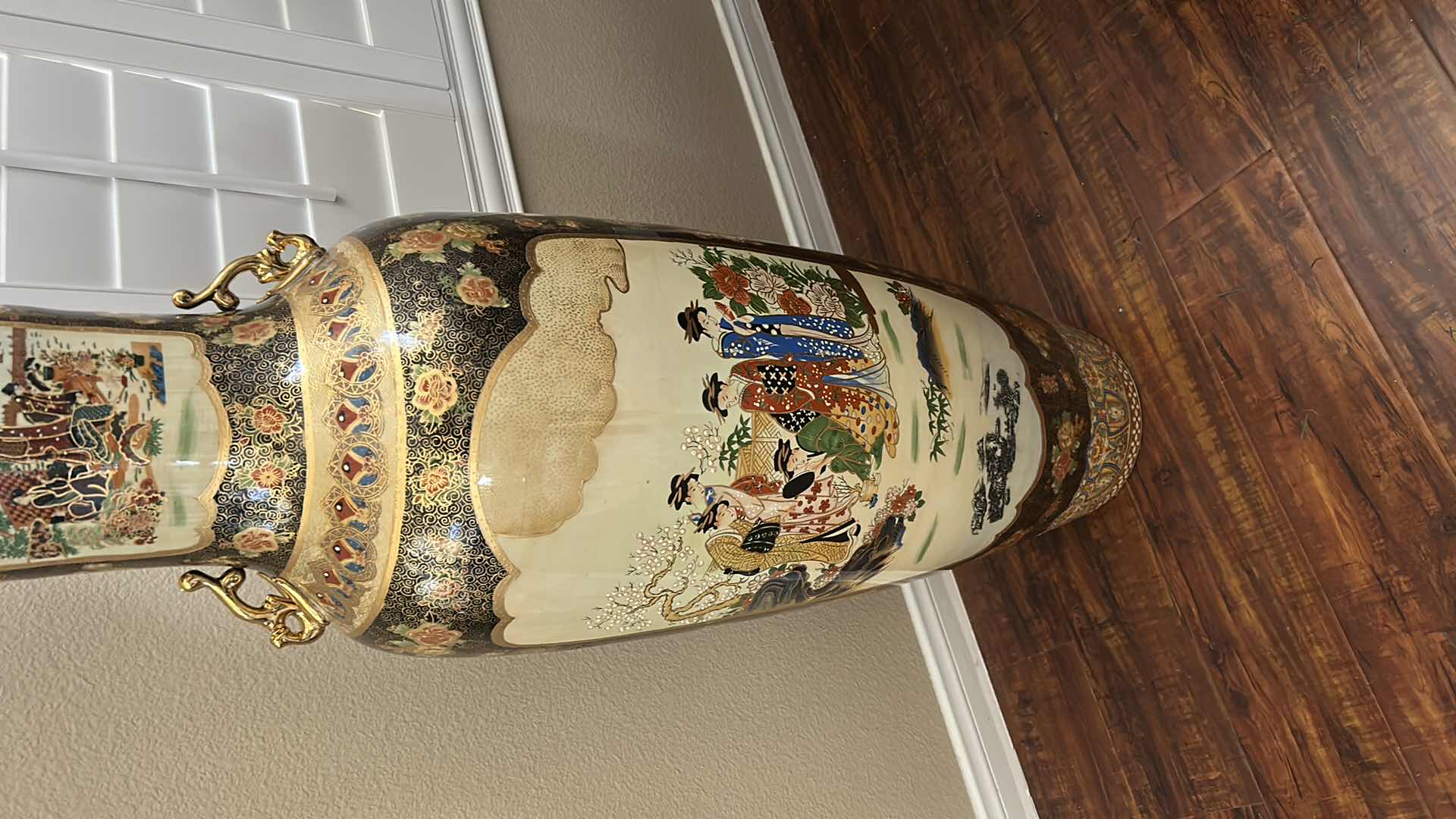 Photo 1 of VINTAGE JAPANESE SATSUMA POTTERY VASE INTRICATE ENAMEL PAINTINGS W GOLD ORNATE HANDLES AND FAUX CHERRY BLOSSOMS H 80"