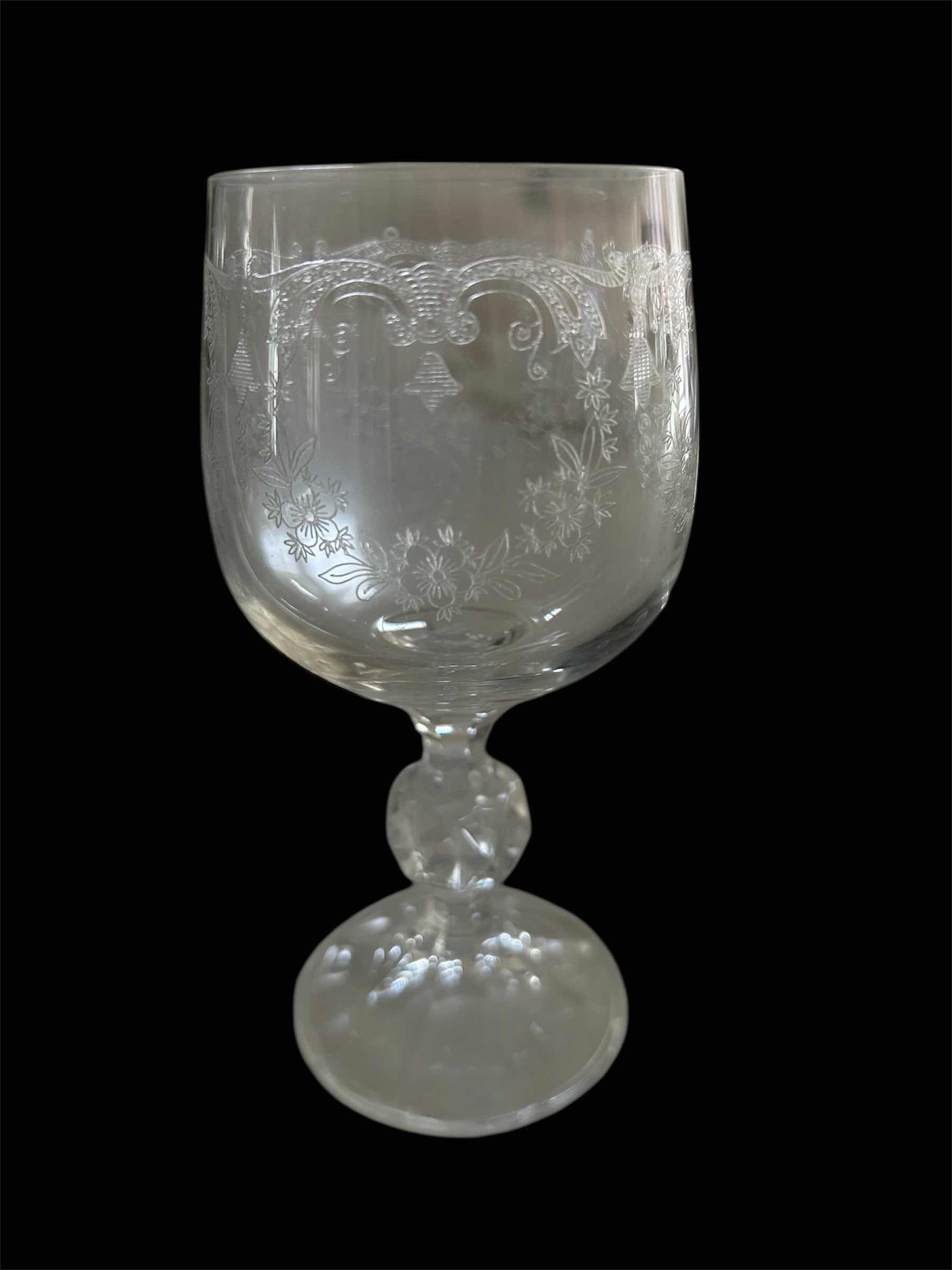 Photo 1 of 6- BOHEMIA CRYSTAL CASCADE ETCHED WINE GOBLETS H 5"