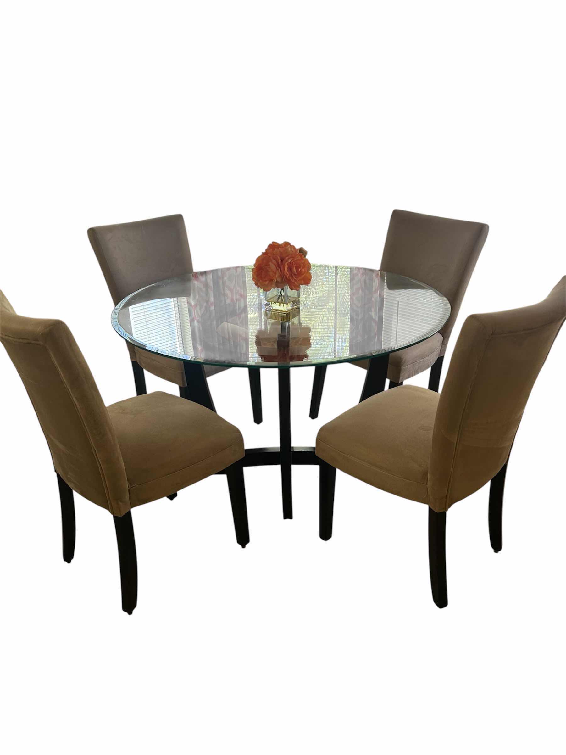 Photo 1 of CONTEMPORARY CROSSING WOODEN BASE AND ROUND GLASS TOP TABLE 48" CHAIRS SOLD SEPARATELY