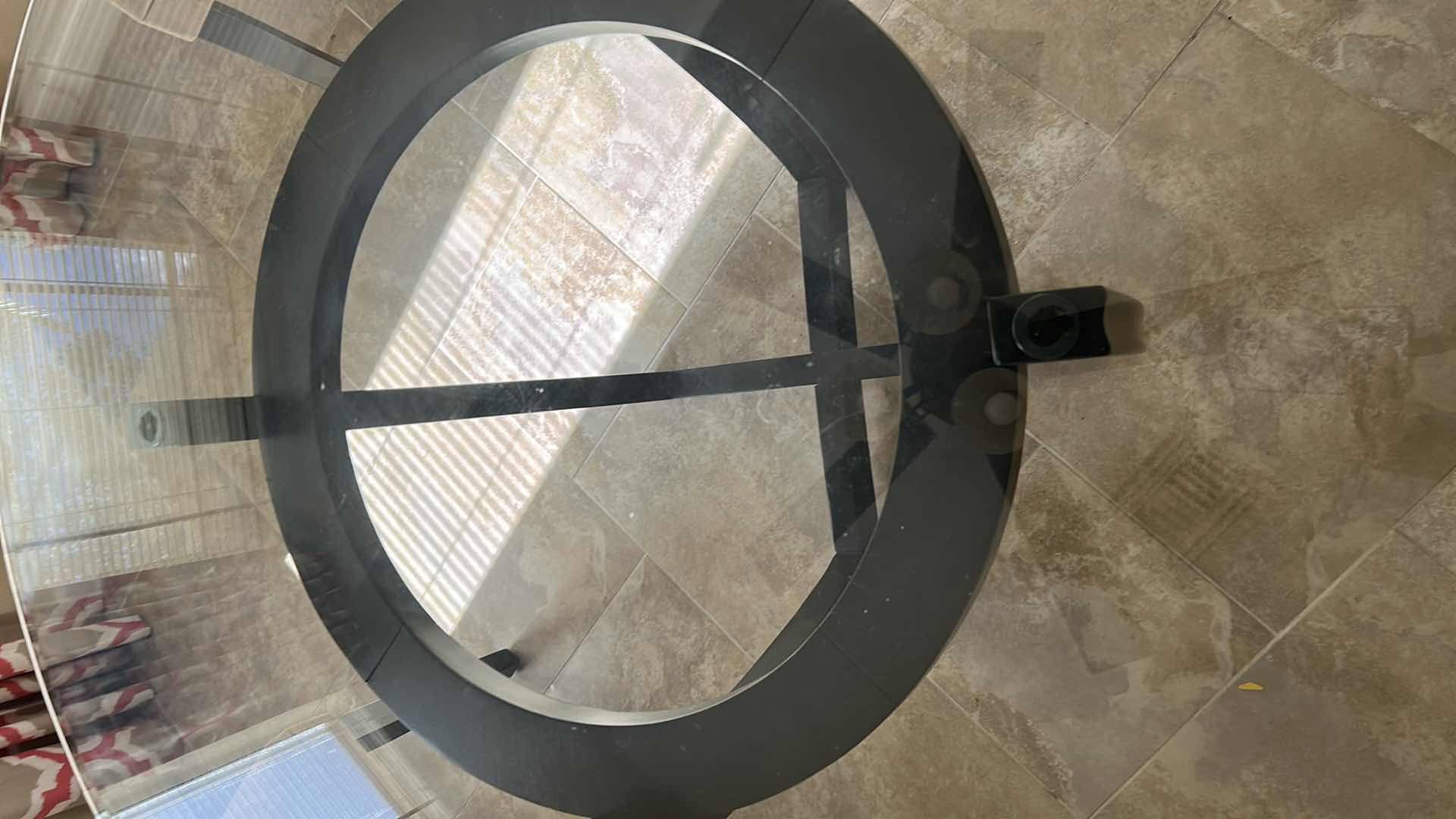 Photo 1 of CONTEMPORARY CROSSING WOODEN BASE AND ROUND GLASS TOP TABLE 48" CHAIRS SOLD SEPARATELY