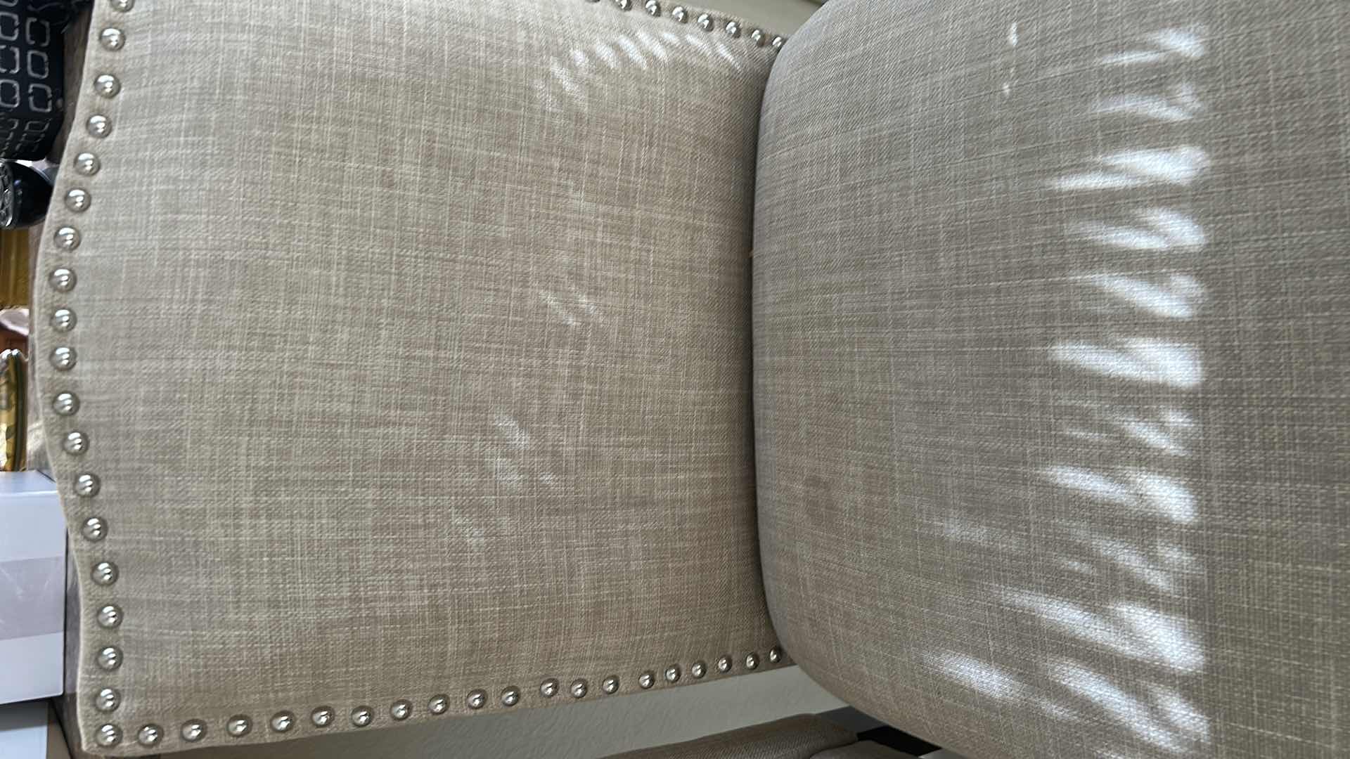 Photo 1 of 2- BEIGE UPHOLSTERED COUNTER STOOLS W NAILHEAD TRIM H 44"