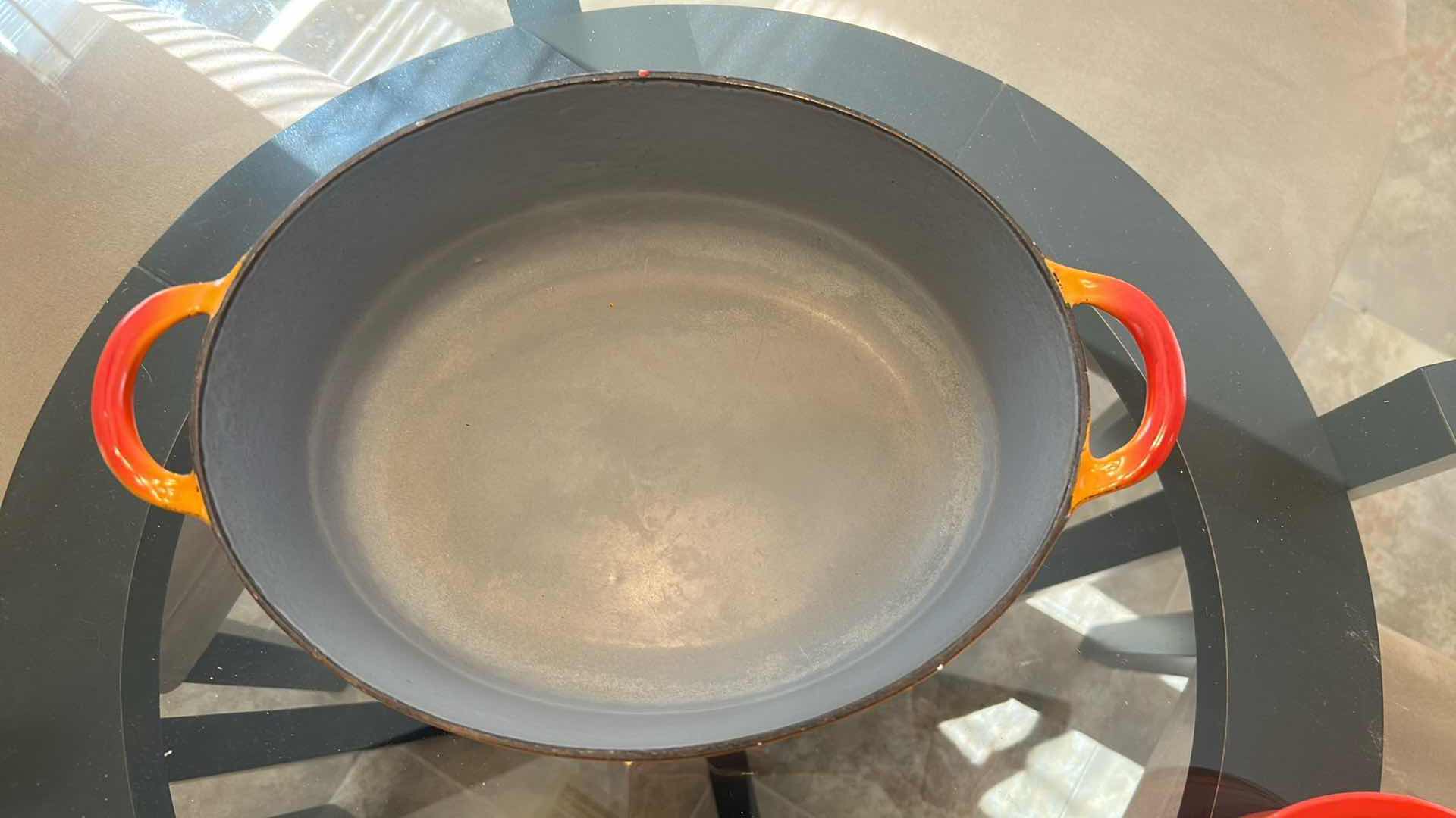 Photo 1 of 2- CAST IRON ORANGE DUTCH OVEN SMALL PAN FROM BELGIUM