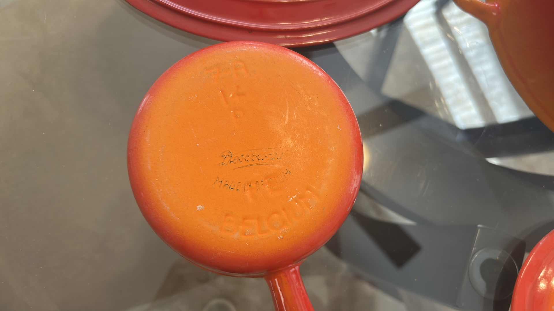 Photo 1 of 2- CAST IRON ORANGE DUTCH OVEN SMALL PAN FROM BELGIUM