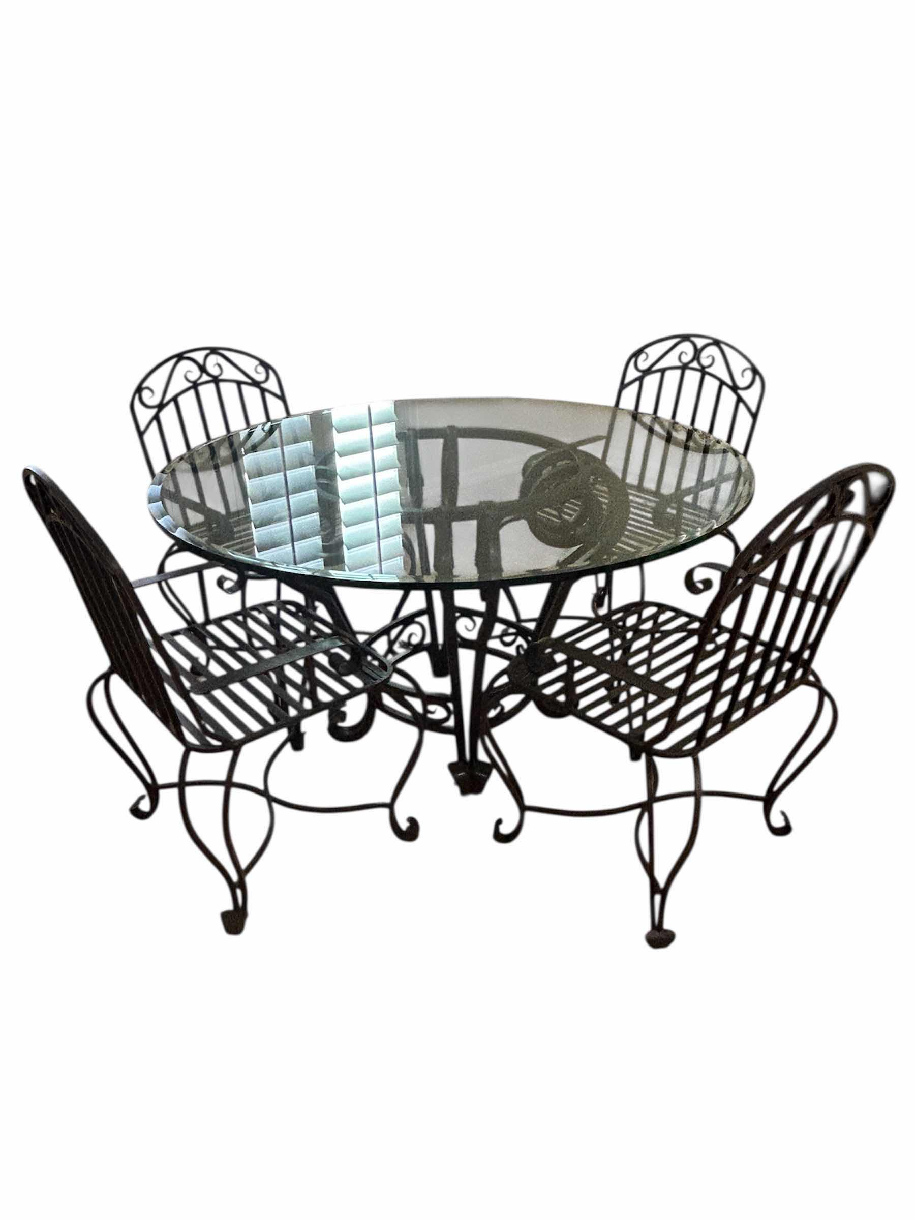 Photo 1 of REGENCY STYLE ROUND WROUGHT IRON BASE DINING TABLE W BEVELED GLASS TOP W 54" CHAIRS SOLD SEPARATELY
