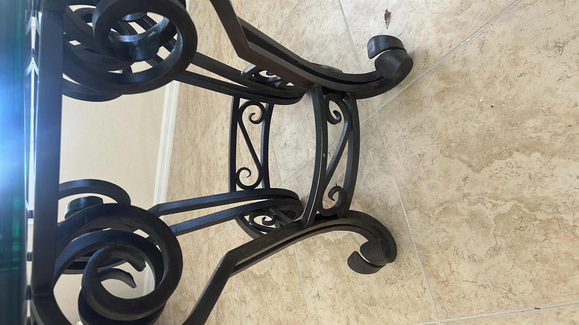 Photo 1 of REGENCY STYLE ROUND WROUGHT IRON BASE DINING TABLE W BEVELED GLASS TOP W 54" CHAIRS SOLD SEPARATELY