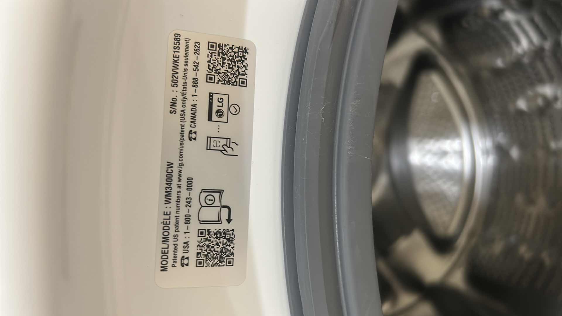 Photo 1 of LG 5.5 CU FT WHITE FRONT LOAD WASHER MODEL WM3400CW W PEDESTAL H 53" W 27"