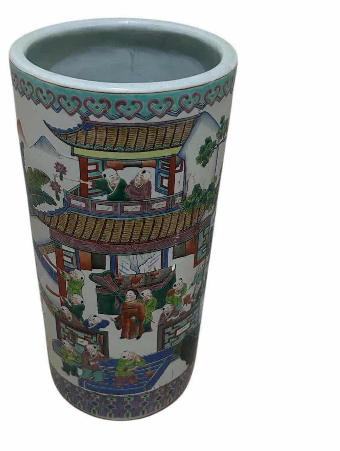 Photo 1 of CHINESE PORCELAIN UMBRELLA STAND HAND PAINTED FIGURES IN PAVILION SCENE H 19"