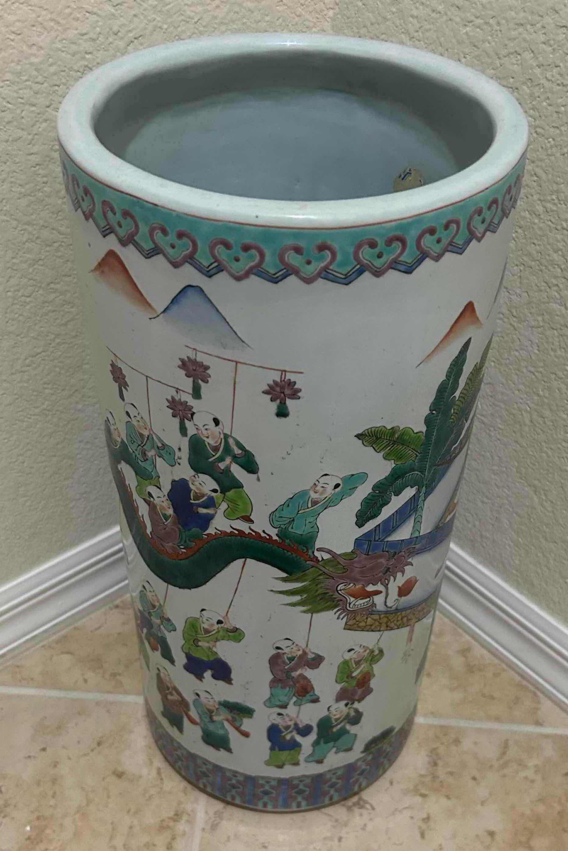 Photo 1 of CHINESE PORCELAIN UMBRELLA STAND HAND PAINTED FIGURES IN PAVILION SCENE H 19"