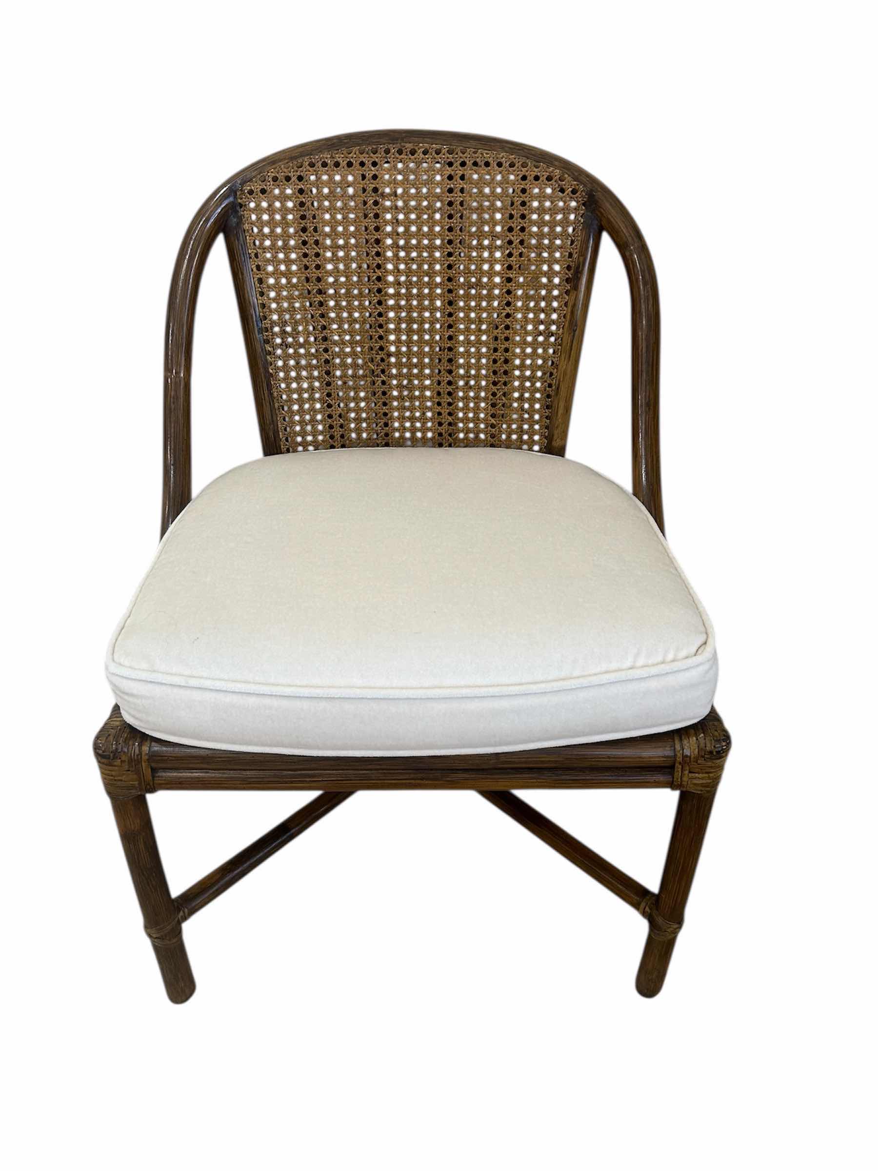 Photo 1 of VINTAGE MCGUIRE RATTAN AND CANED BARREL BACK SIDE CHAIR W SOFT FABRIC CUSHION