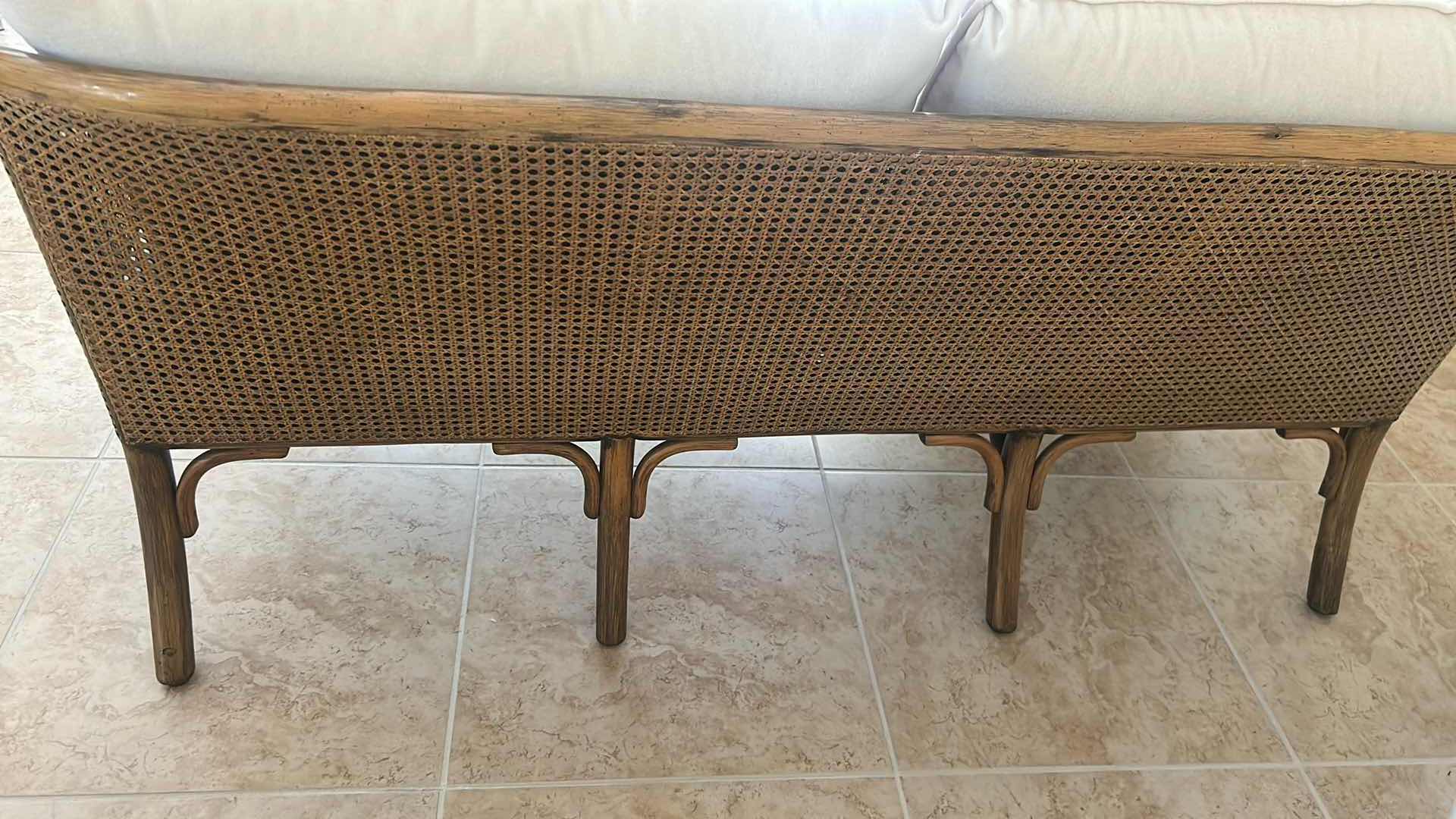 Photo 1 of VINTAGE CANED RATTAN SETTEE W SOFT FABRIC CUSHIONS FROM MCGUIRE SAN FRANCISCO 63" X 25"