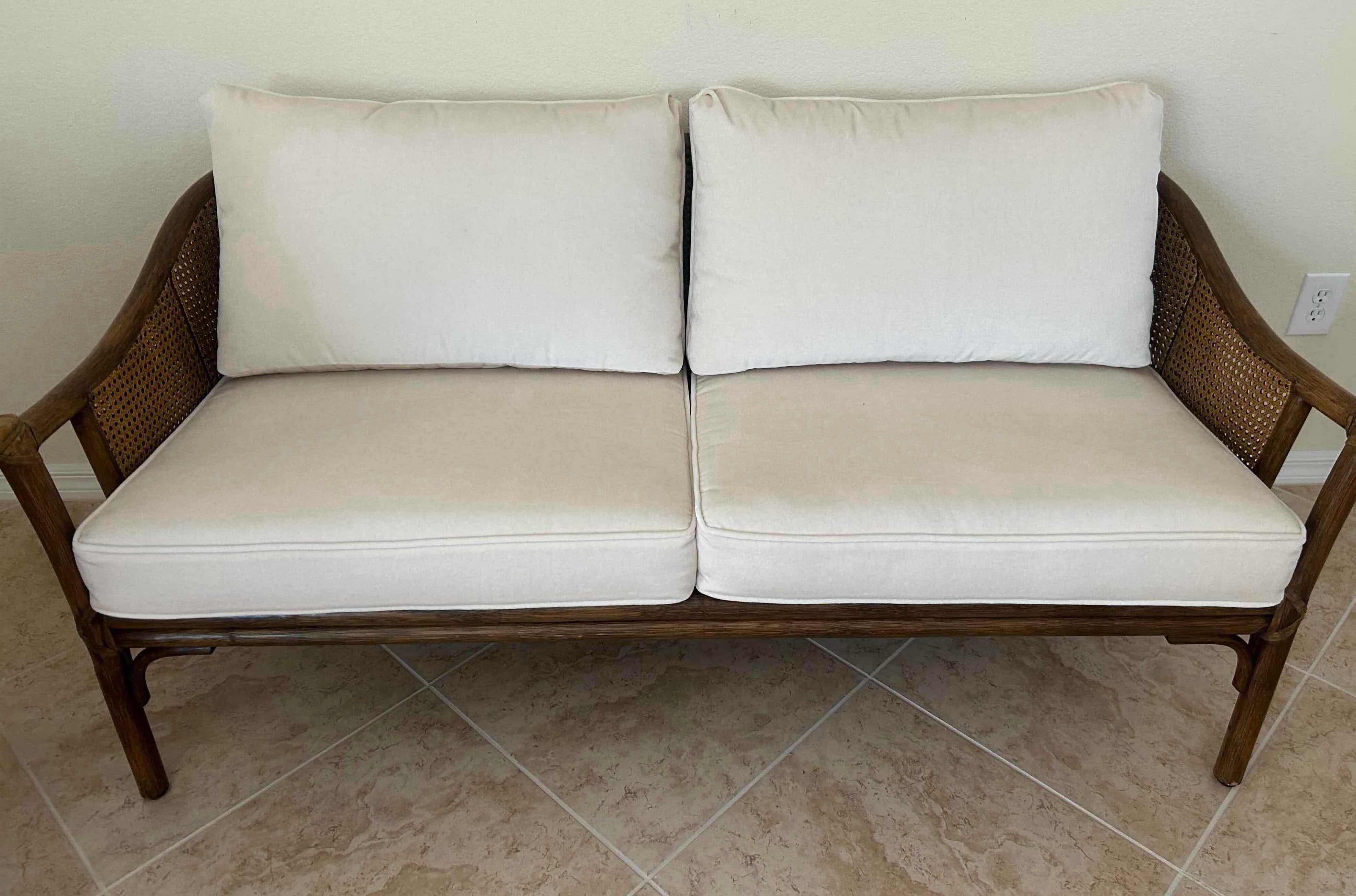 Photo 1 of VINTAGE CANED RATTAN SETTEE W SOFT FABRIC CUSHIONS FROM MCGUIRE SAN FRANCISCO 63" X 25"