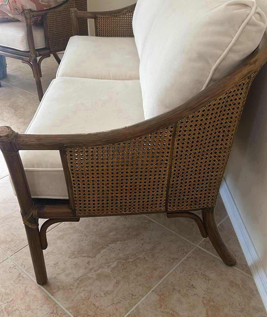 Photo 1 of VINTAGE CANED RATTAN SETTEE W SOFT FABRIC CUSHIONS FROM MCGUIRE SAN FRANCISCO 63" X 25"