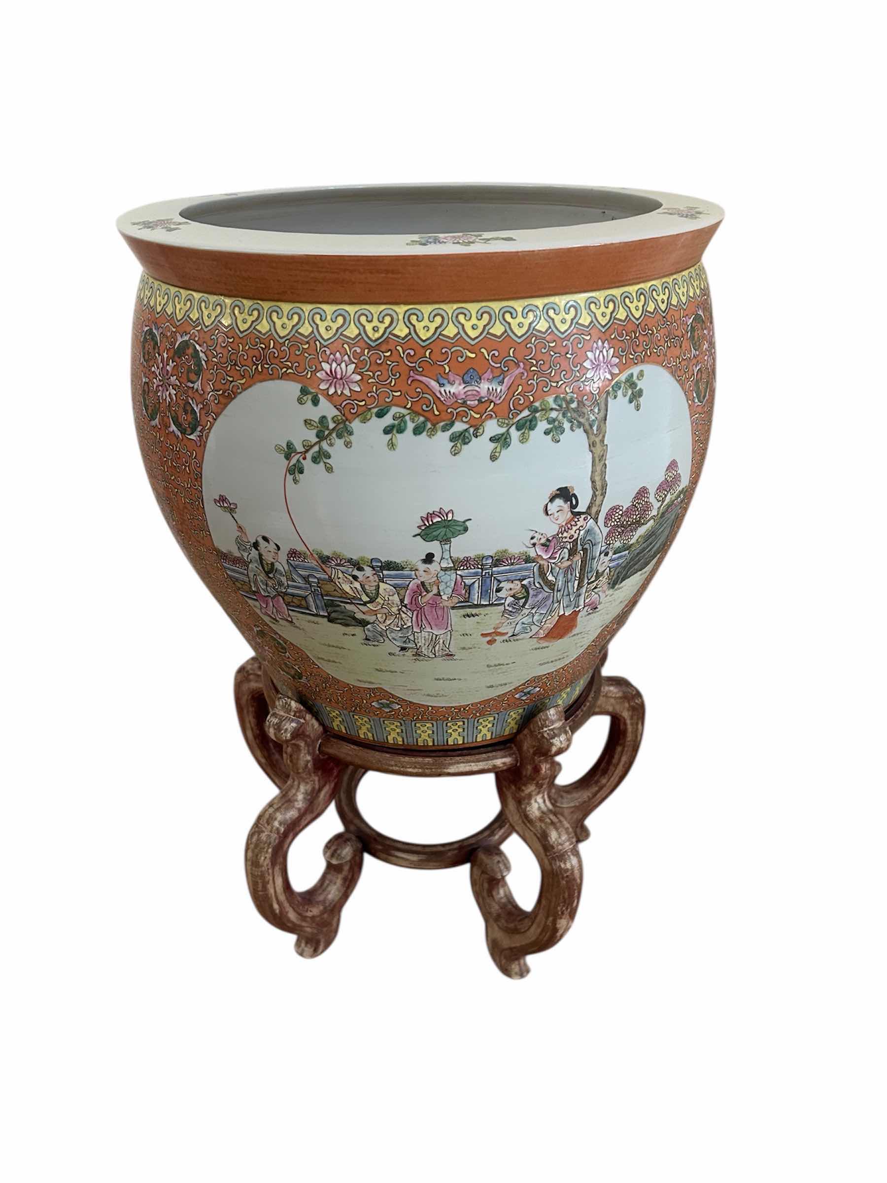 Photo 1 of DECORATIVE CHINESE FAMILLE ROSE PORCELAIN FISH BOWL ON RESIN PEDESTAL H 29"