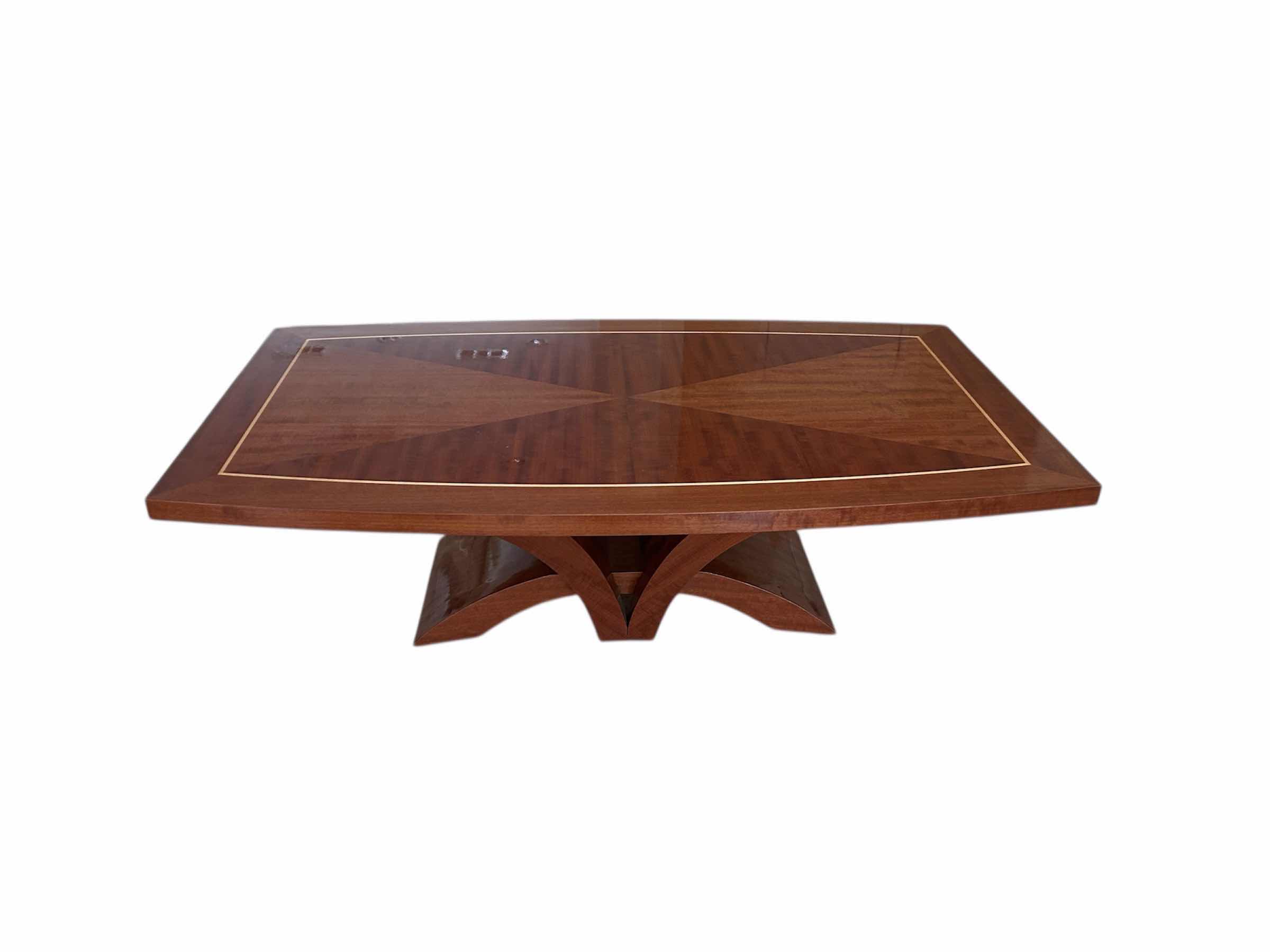 Photo 1 of STARBURST MAHOGANY VENEER W CONTRASTING INLAY BORDER COFFEE TABLE W CURVED ARCH BASE 54" X 31" H 17"