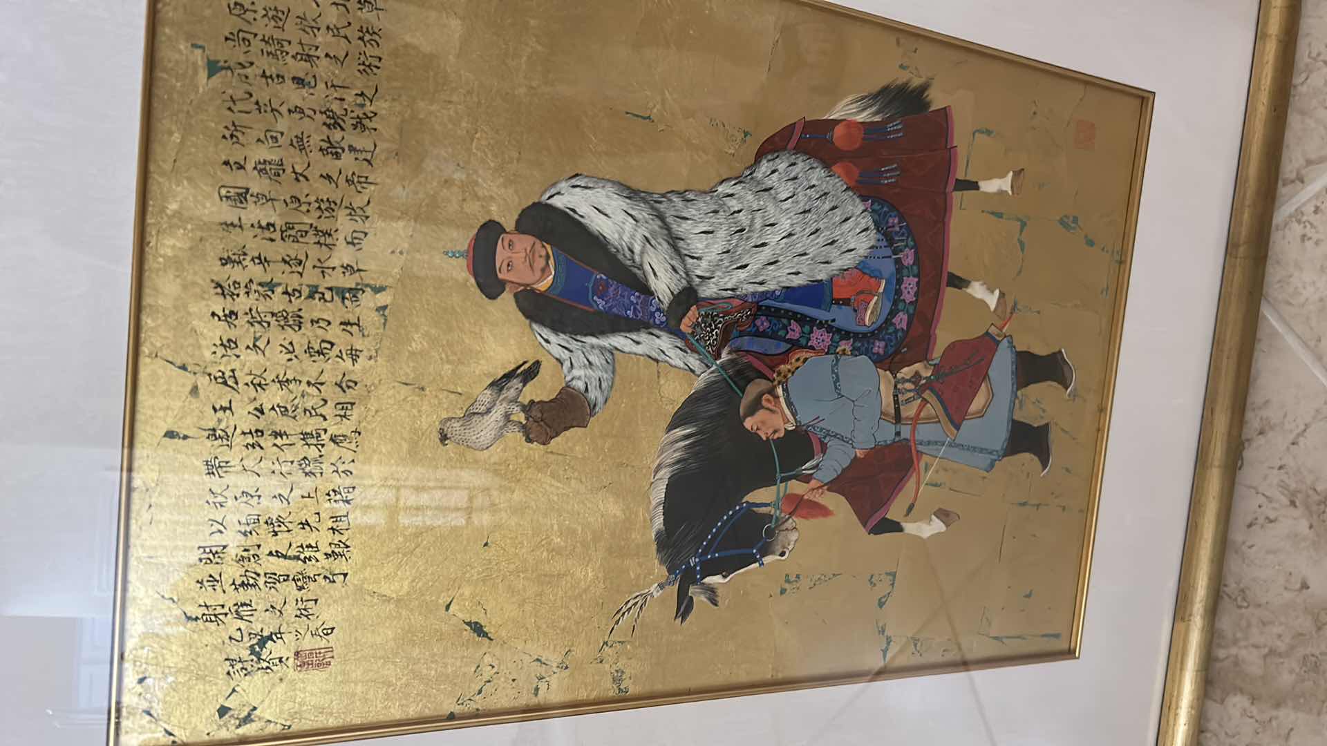 Photo 1 of MOU-SIEN TSENG ACRYLIC PAINTING ON GOLD LEAF " HUNTING WITH FALCON 25" X 32"