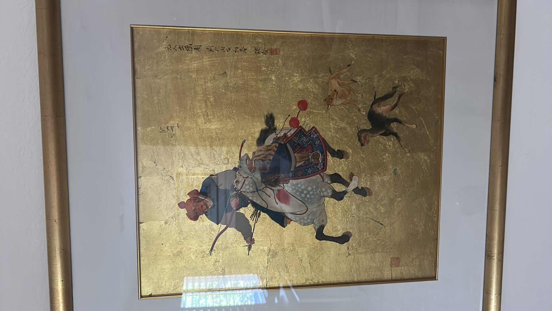 Photo 1 of MOU-SIEN TSENG ACRYLIC PAINTING ON GOLD LEAF " HUNTING WITH DOGS" 24" X 31"