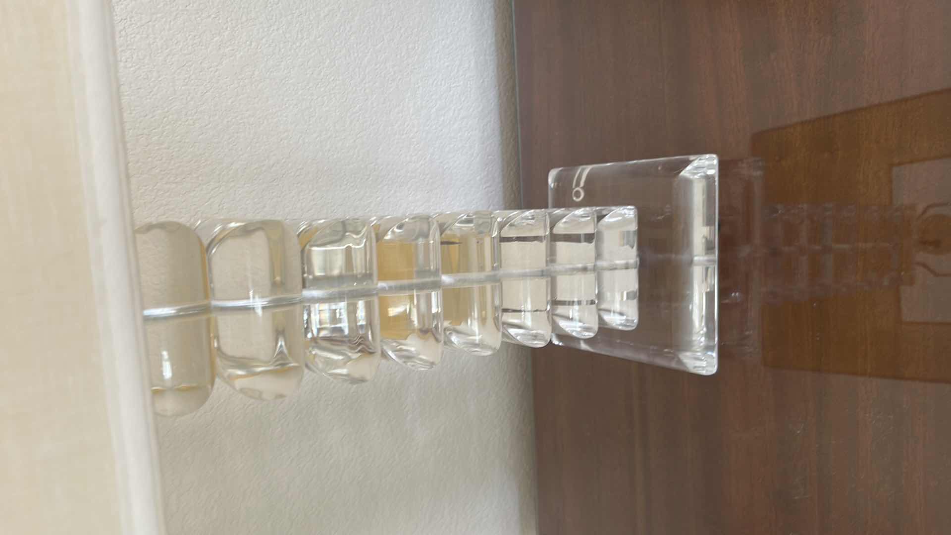 Photo 1 of CLEAR CRYSTAL STACKED BLOCK TABLE LAMP W SQUARE IVORY FABRIC SHADE H 33"