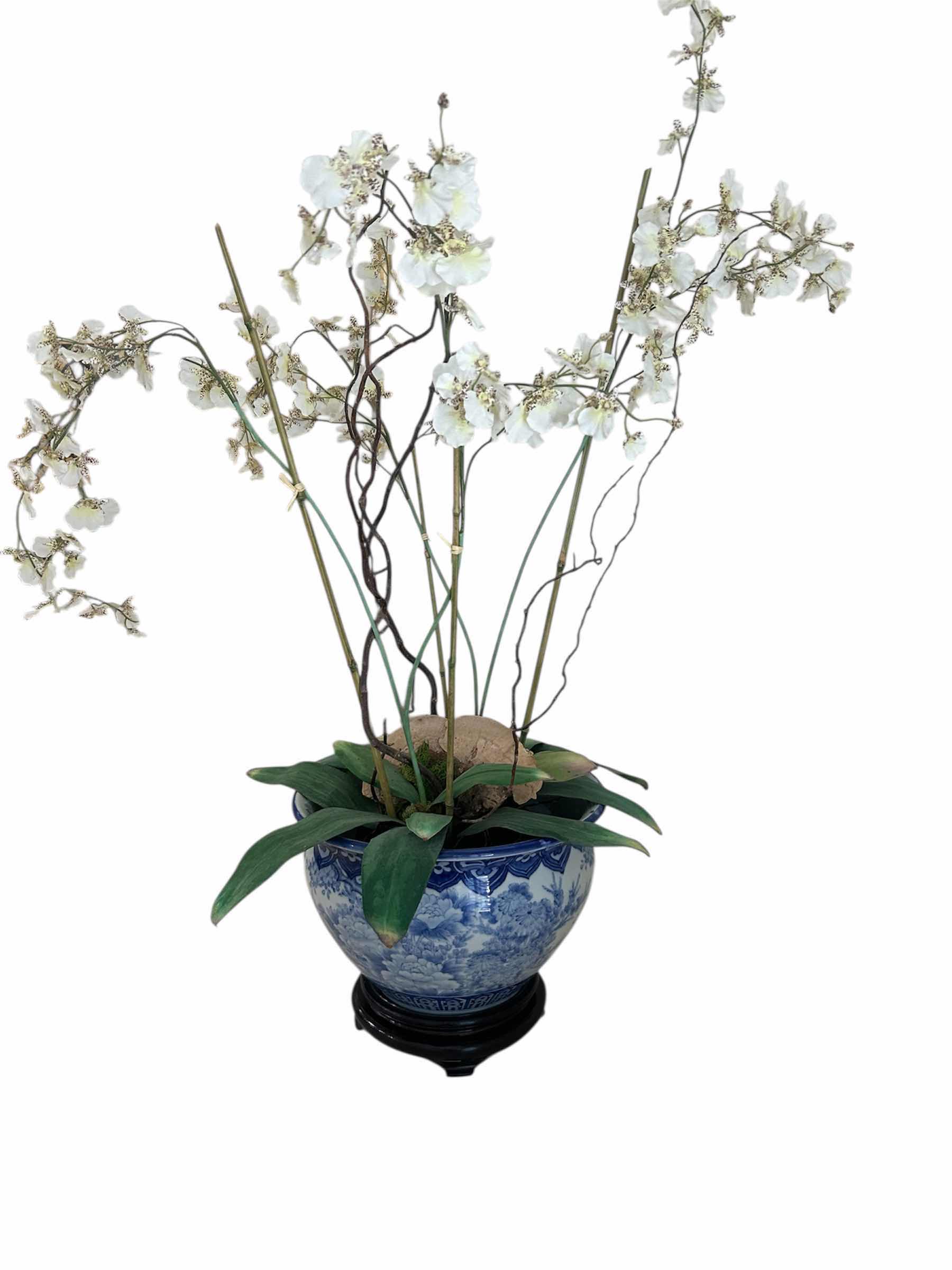Photo 1 of ARTIFICIAL PHALAENOPSIS ORCHID STYLED IN A BLUE AND WHITE CERAMIC PLANTER H
