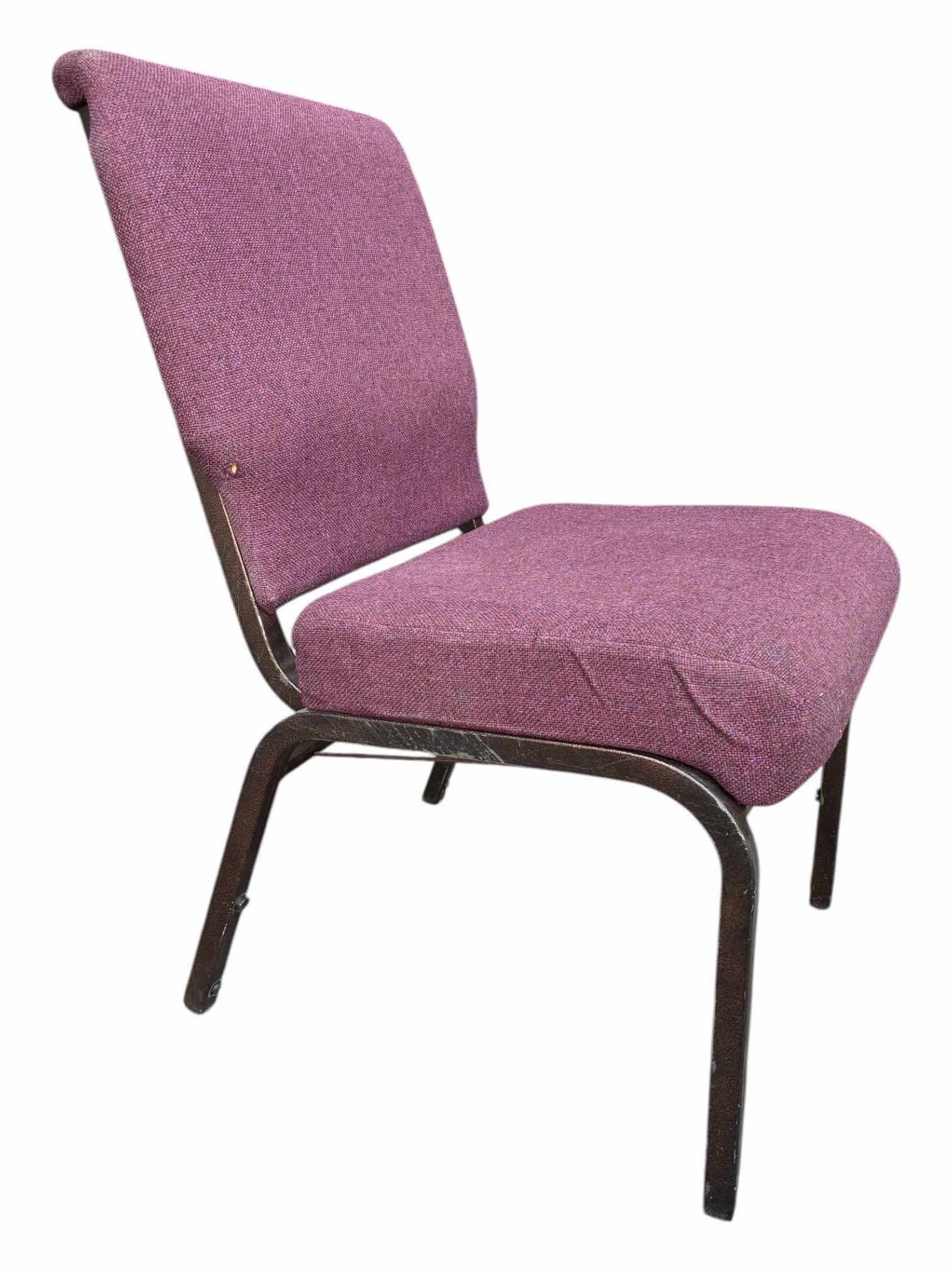Photo 1 of CHAIRTEX ARMLESS PURPLE UPHOLSTERED AGED BRONZE FRAME STACKABLE EVENT CHAIR 20” X 22” H33.5”