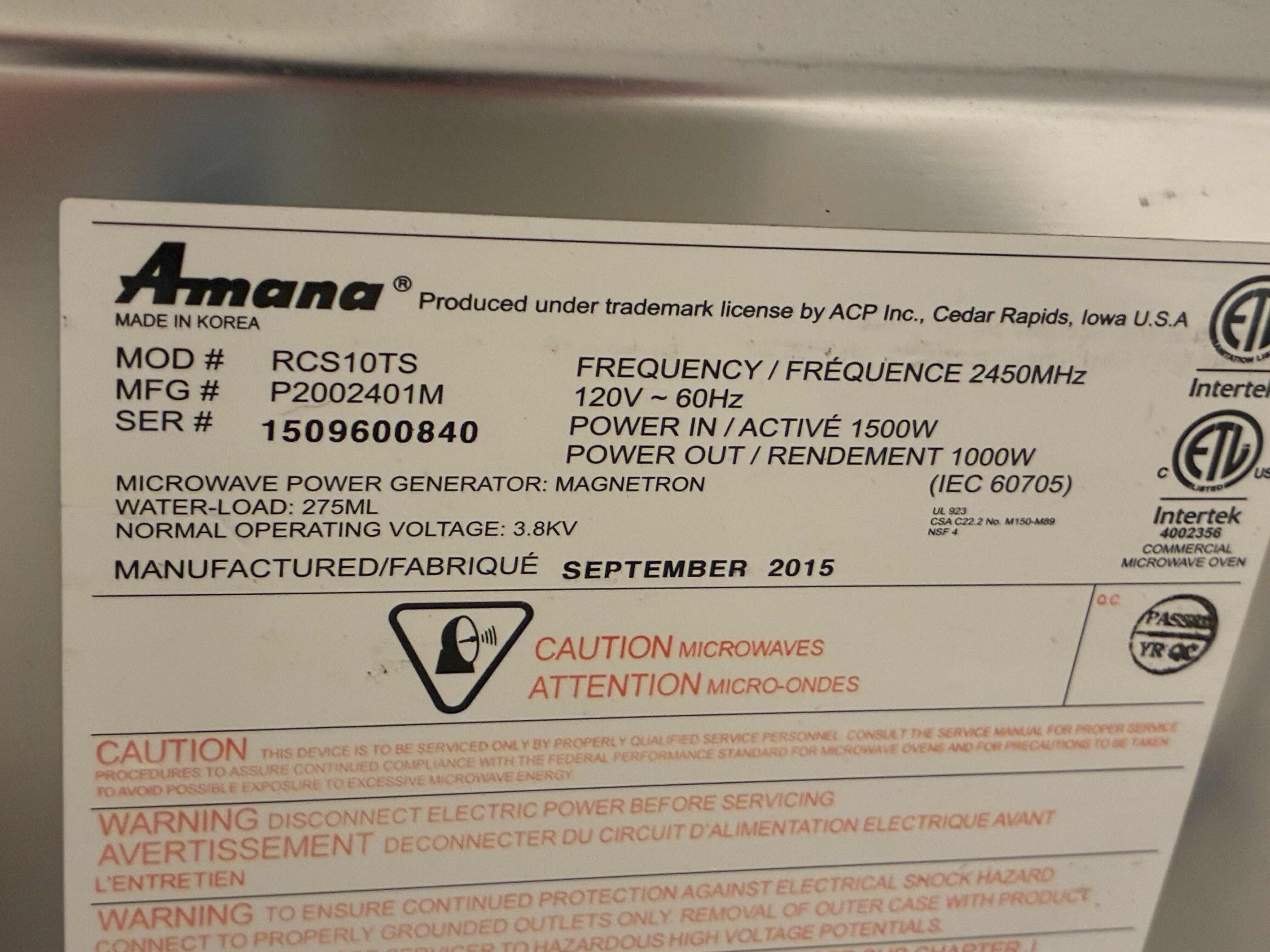 Photo 1 of AMANA COMMERCIAL STAINLESS STEEL MICROWAVE RCS10TS