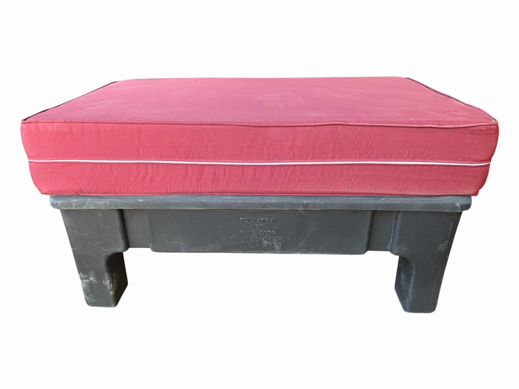 Photo 1 of POLY MIGHT BLACK RESIN PATIO OTTOMAN WITH RED CUSHION 36“ X 22“ H18“