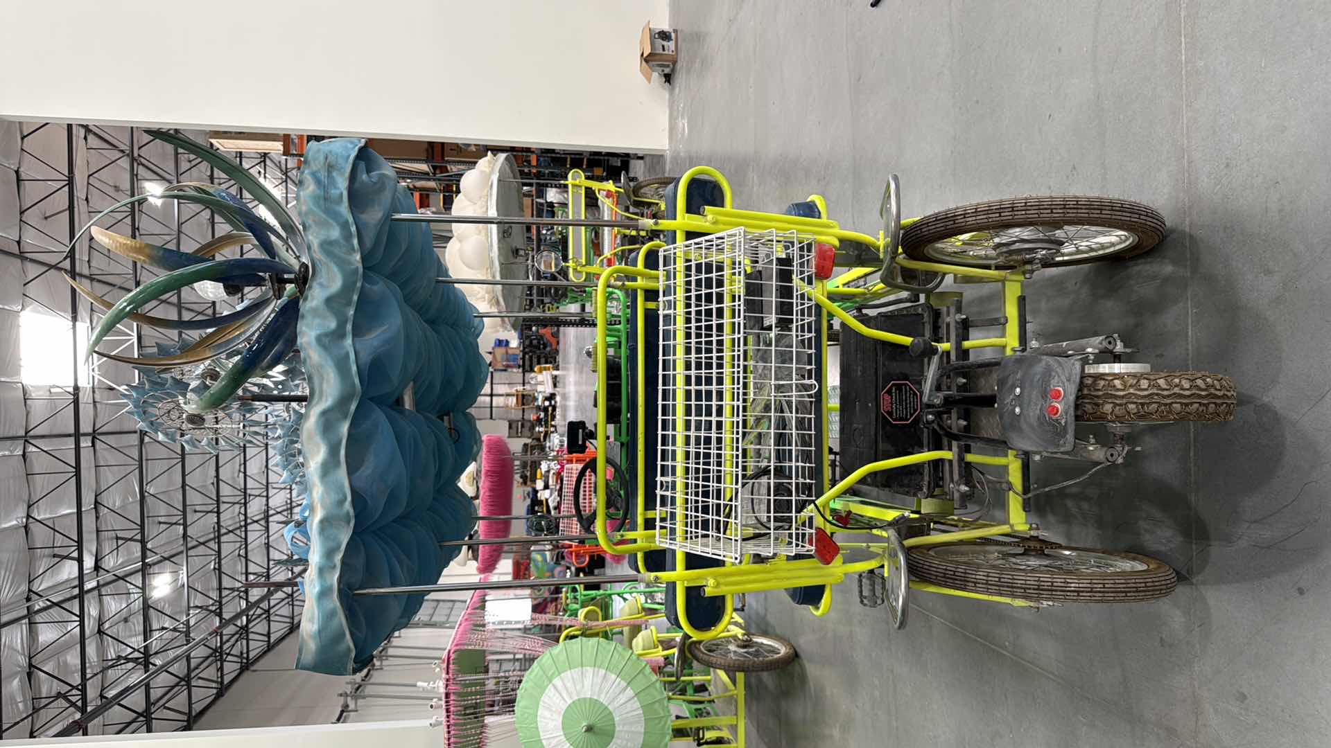 Photo 1 of CUSTOM WHIMSICAL SURREY LIMOUSINE DELUXE 7 SPEED 4 WHEEL 4 PEDALERS DUAL SIDES PEDAL W 3RD WHEEL BATTERY POWERED BIKE-BRIGHT GREEN/YELLOW W BLUE WINDMILL SPIN TOPS-BY THE SURREY COMPANY