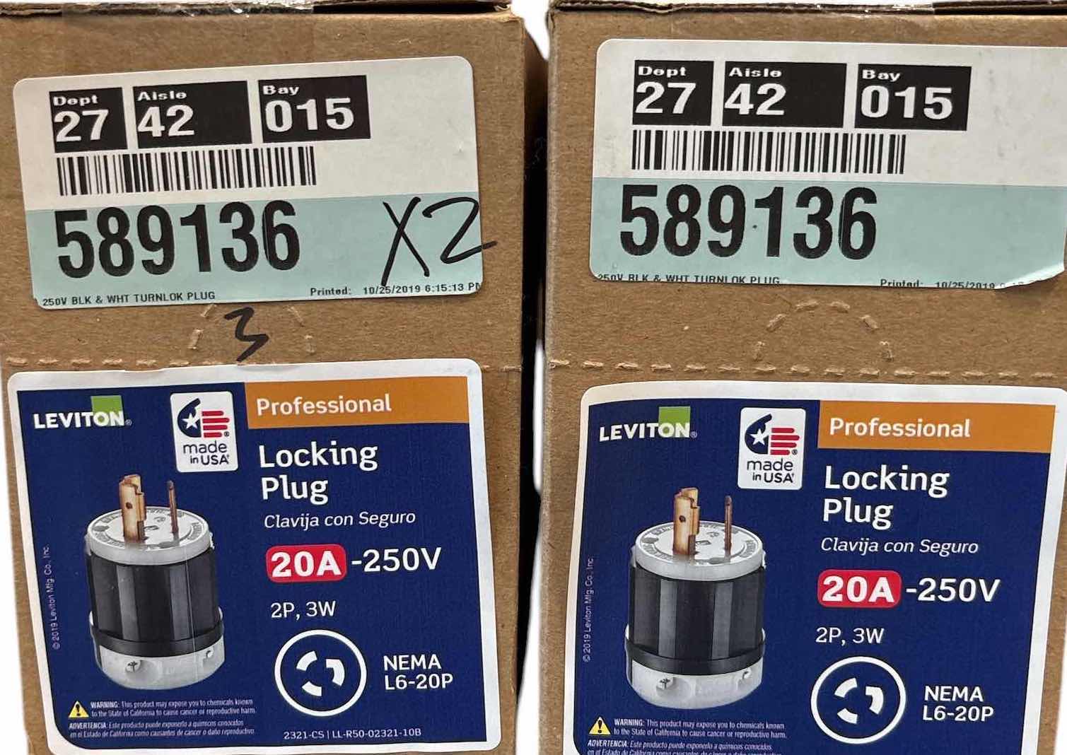 Photo 1 of (5)PCS LEVITON LOCKING PLUG 20A-250V RETAIL $46