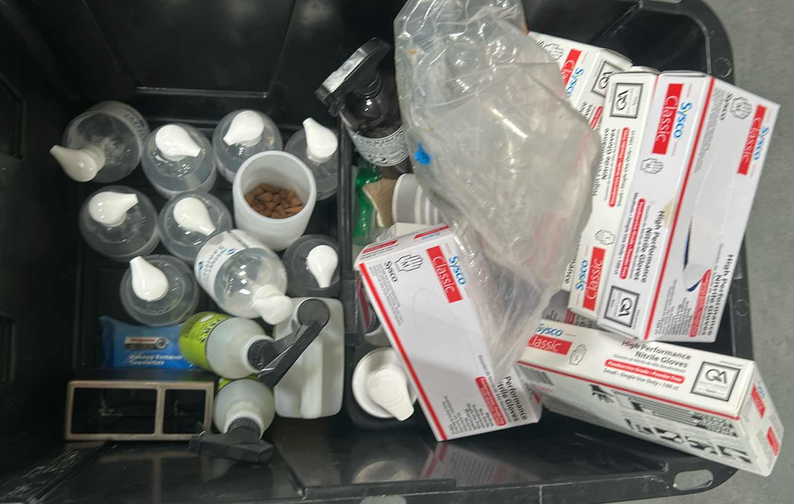 Photo 1 of CONTENTS OF CONTAINER NITRILE GLOVES AND ASSORTED SANITIZER DISPENSER