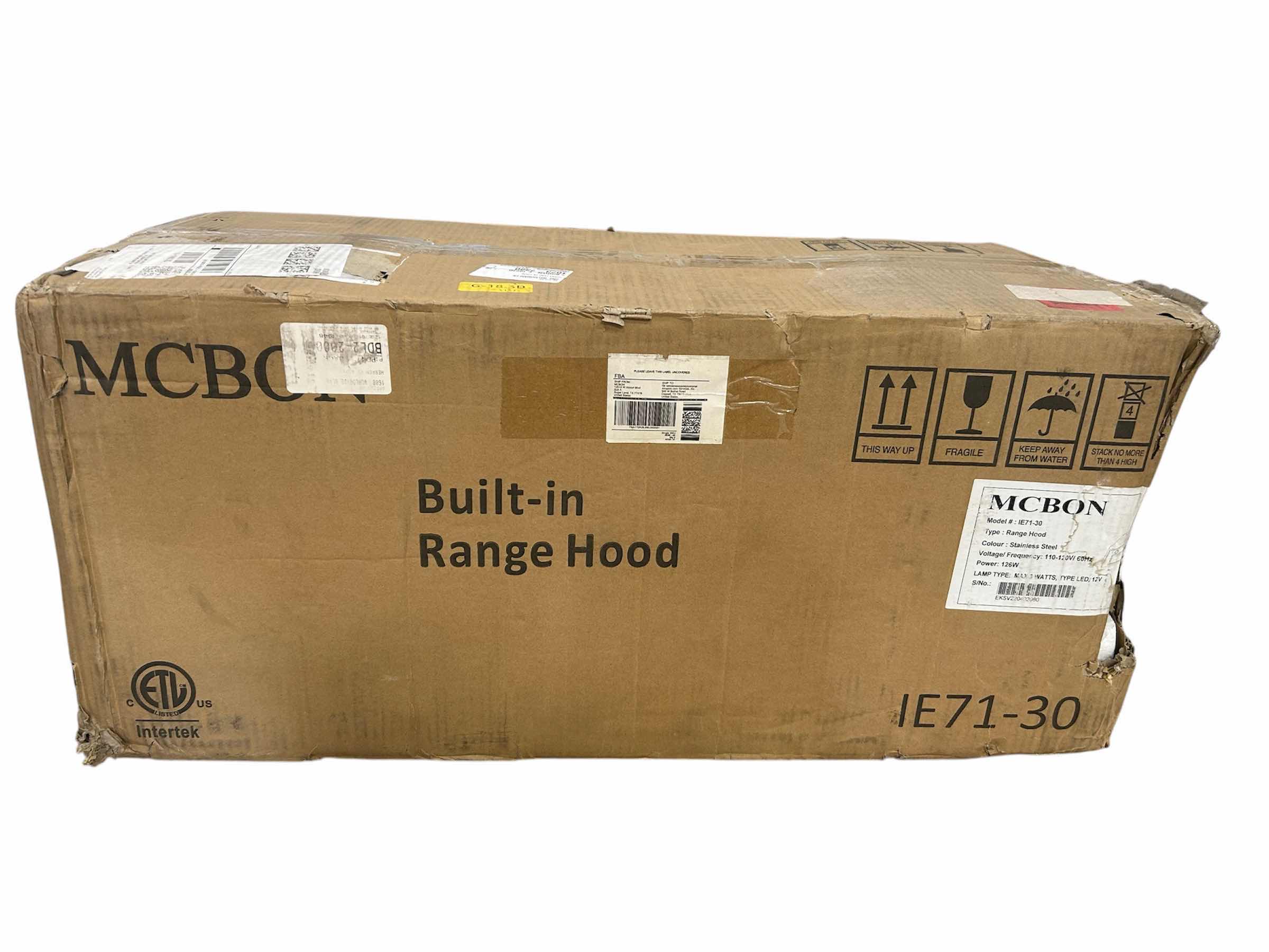 Photo 1 of NIB MCBON IE71-30 STAINLESS STEEL RANGE HOOD