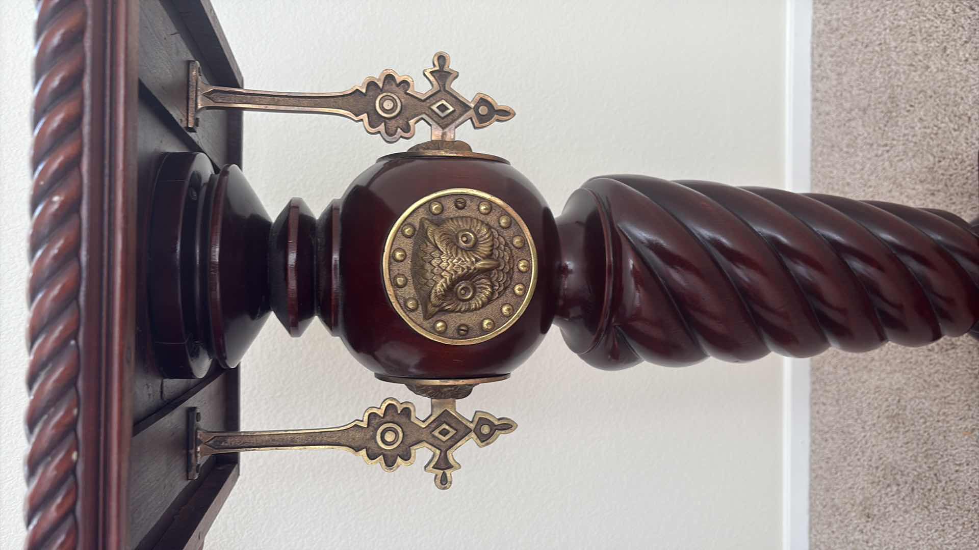 Photo 1 of ANTIQUE VICTORIAN MAHOGANY PEDESTAL STAND WITH CAST DECORATION OF OWLS 1890 17”X13” H37"