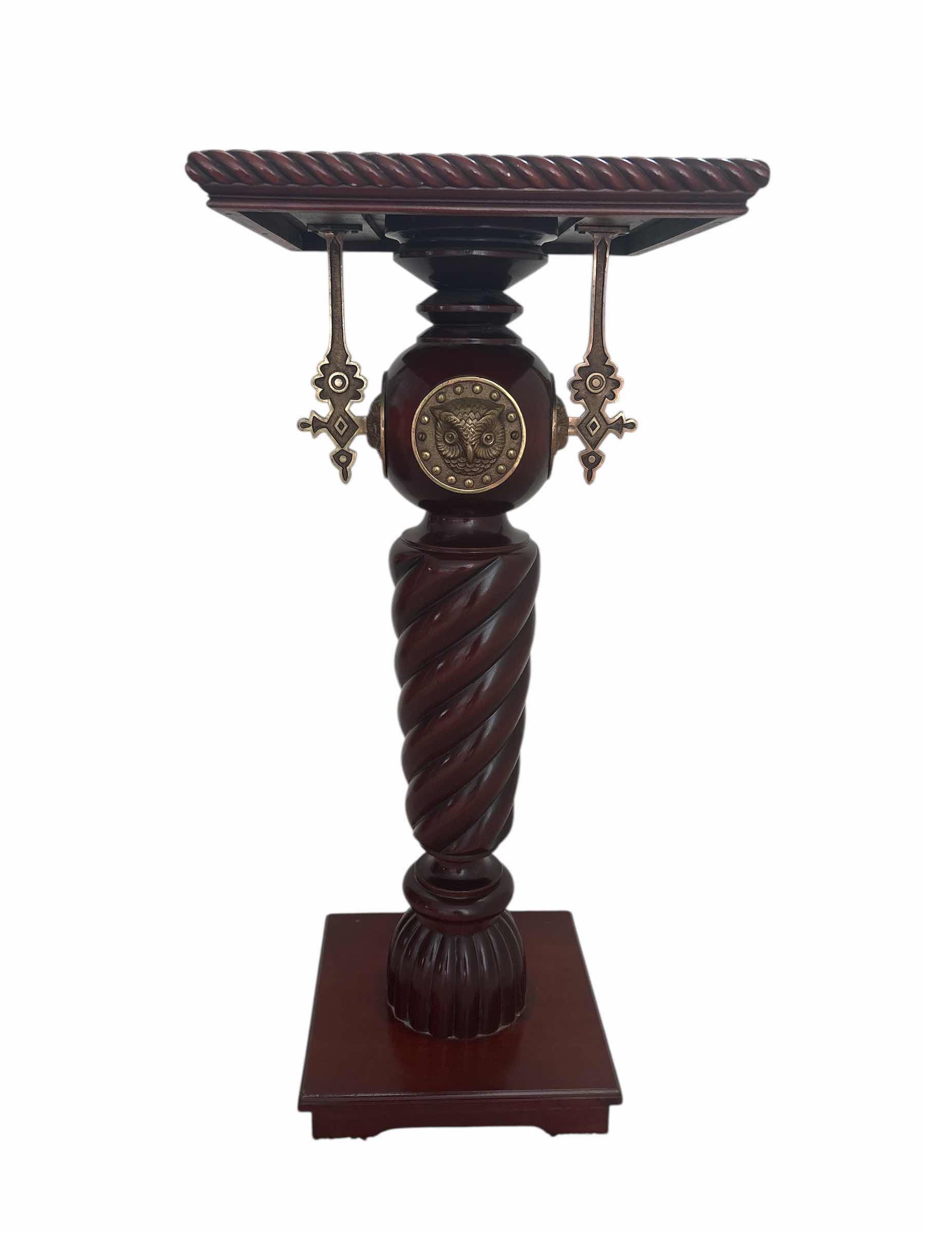 Photo 1 of ANTIQUE VICTORIAN MAHOGANY PEDESTAL STAND WITH CAST DECORATION OF OWLS 1890 17”X13” H37"