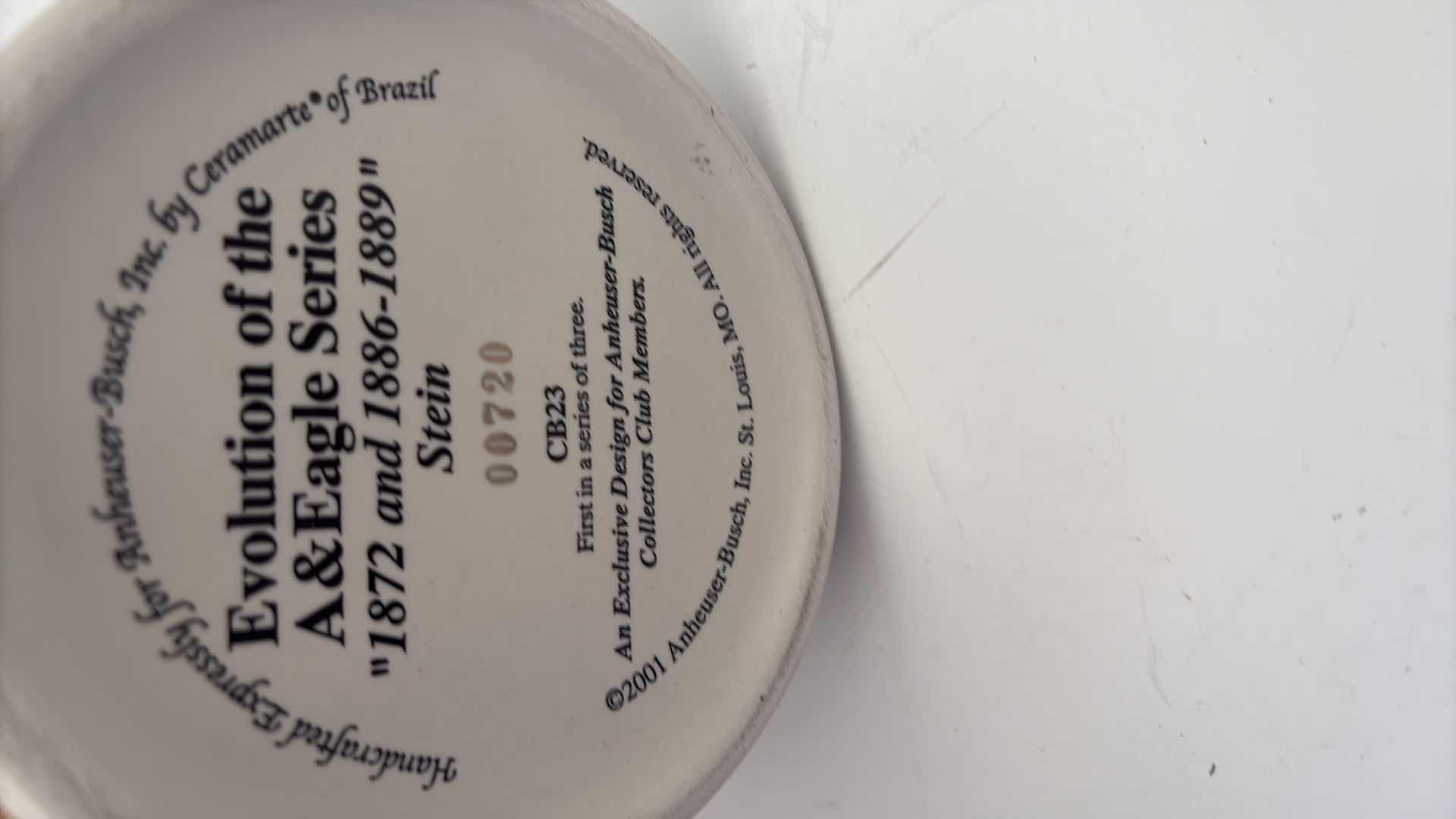 Photo 1 of ANHEUSER BUSCH COLLECTORS CLUB STEIN “1872 and 1886-1889” COA