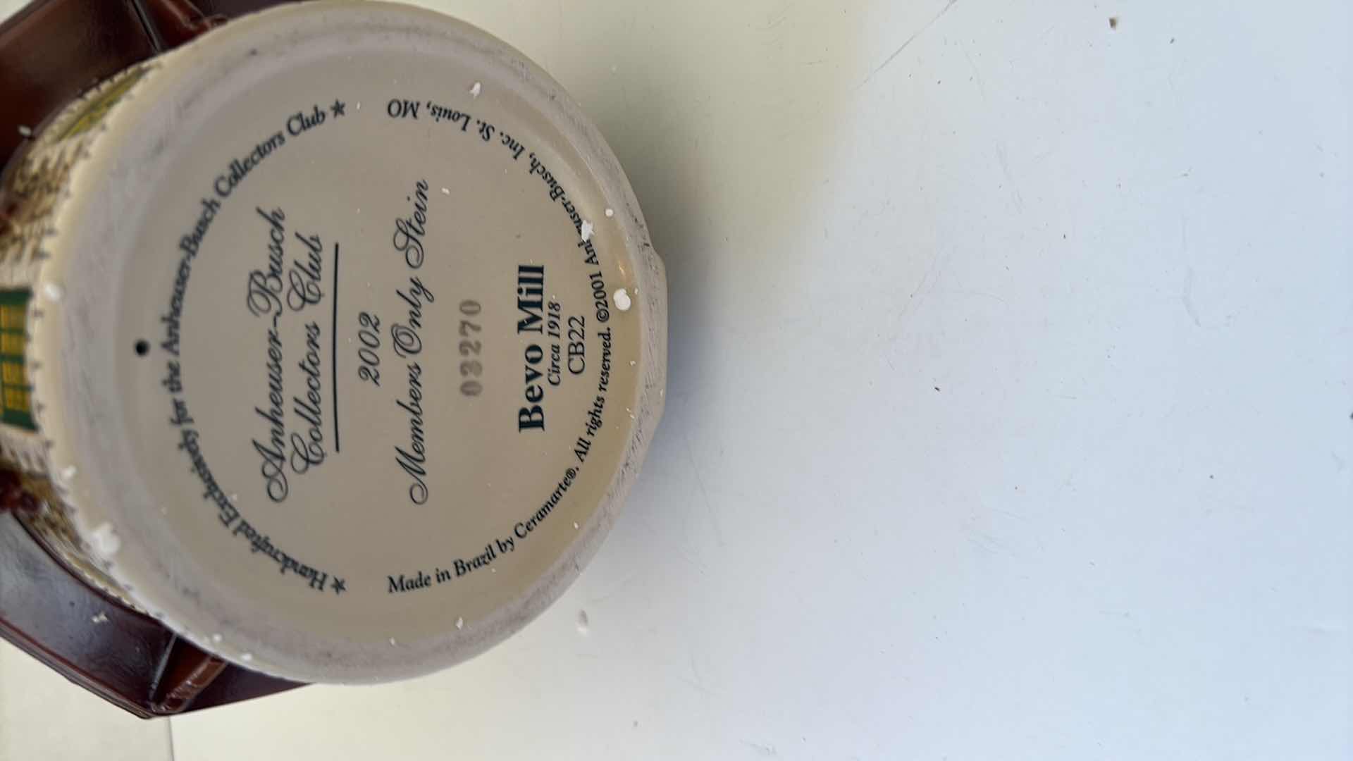 Photo 1 of 2002 ANHEUSER BUSCH COLLECTORS CLUB STEIN “BEVO MILL” COA