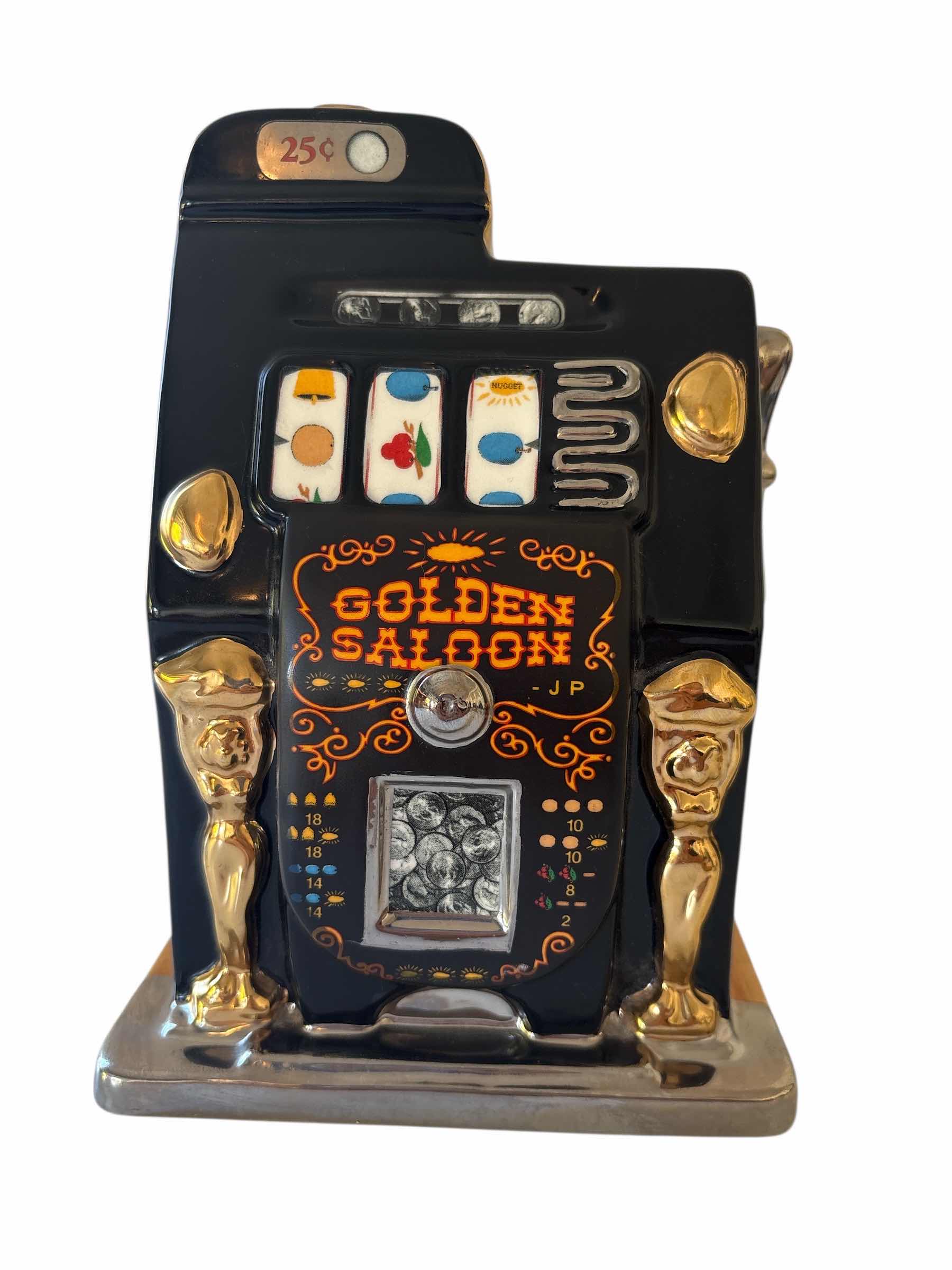 Photo 1 of J BAILEY 1995  THE GOLDEN SALOON MILLS 3 REEL SLOT MACHINE COIN BANK