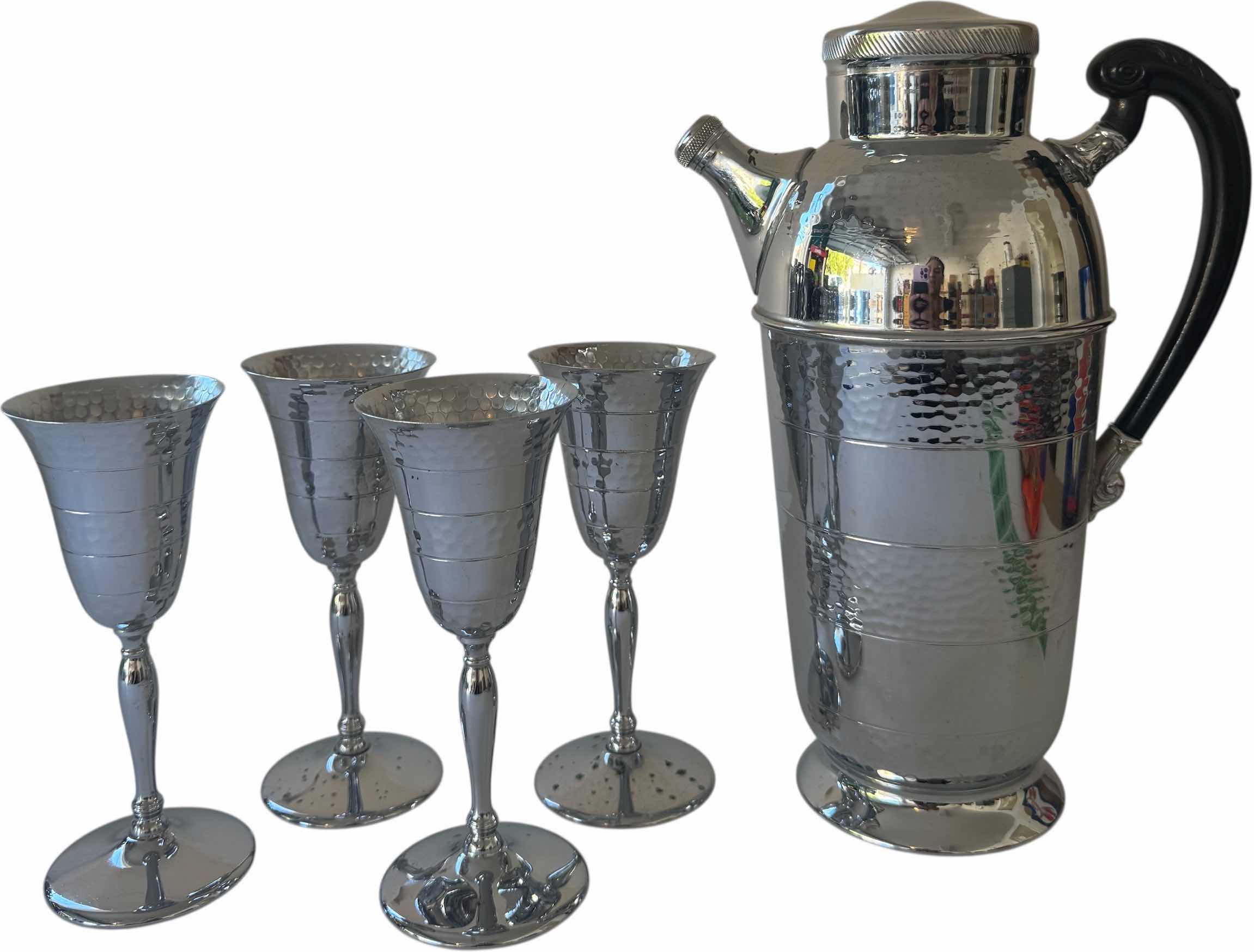 Photo 1 of 5- KROME KRAFT ART DECO COCKTAIL PITCHER AND WITH GOBLETS W8.5” X H11.25”